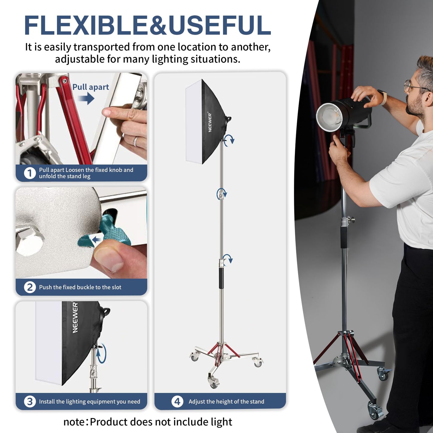 Kate Heavy Duty 10.8ft Light Stand with Casters, Adjustable Reinforced Stainless Steel Light Stand Tripod with 3 Wheels for Professional Studio Photography for Softbox, Monolight, Reflector