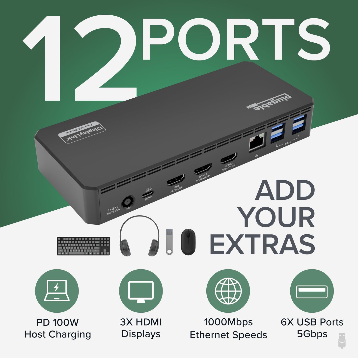 Plugable USB C Triple Display Docking Station | 100W PD, 3x HDMI (1x 4K 30Hz, 2x 1080p 60Hz), 6x USB 5Gbps Ports | Windows, macOS, ChromeOS Compatible - Enhance Productivity with Multi-Monitor Support