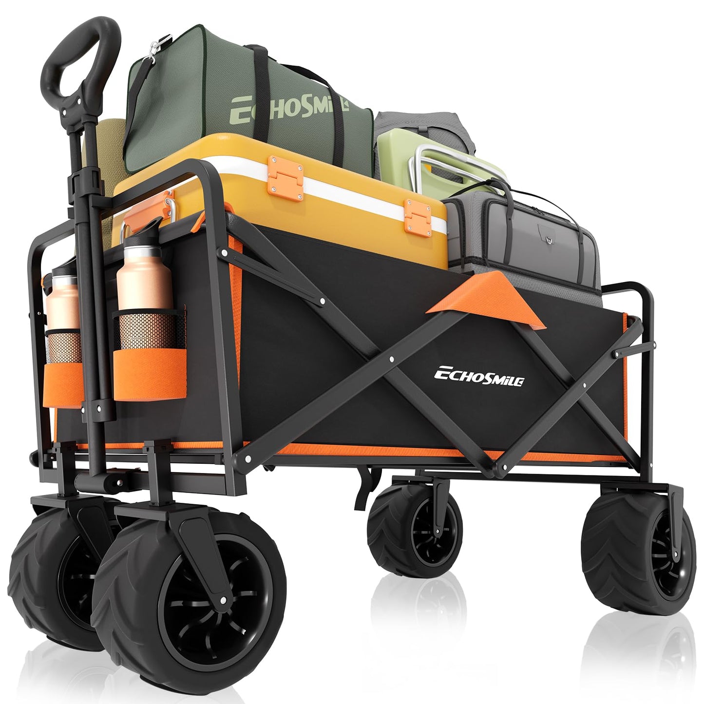 EchoSmile Heavy Duty 350 Lbs Capacity Collapsible Wagon, Outdoor Folding Camping Grocery Portable Utility Cart, Adjustable Rolling Carts, All Terrain Beach Wagon with Big Wheels (Black&Orange-Arrow)