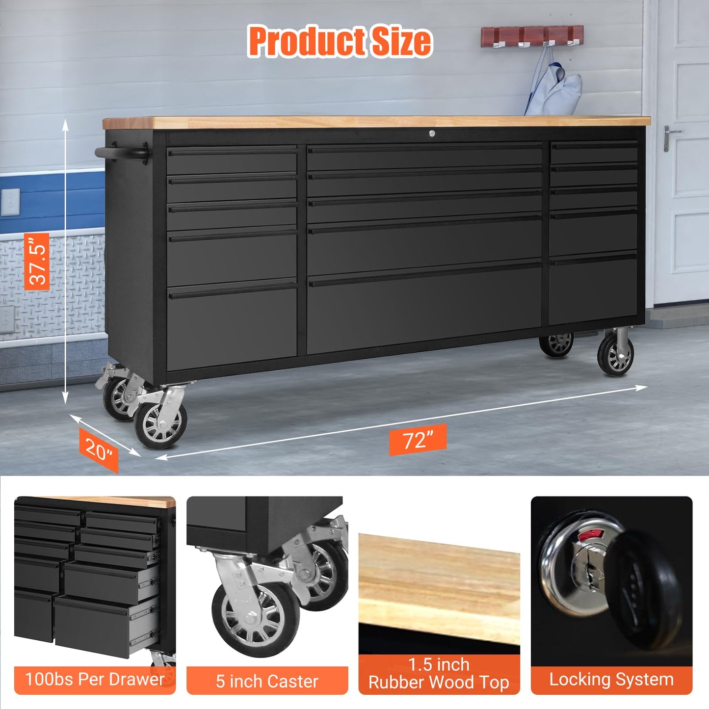 ExploreHorizon 72" Heavy-Duty Rolling Tool Chest & Garage Workbench with 15 Drawers, Steel Cabinet, Rubber Wood Top, Key Locking System, Drawer Liners, On Wheels for Warehouse Repair Shop, Black