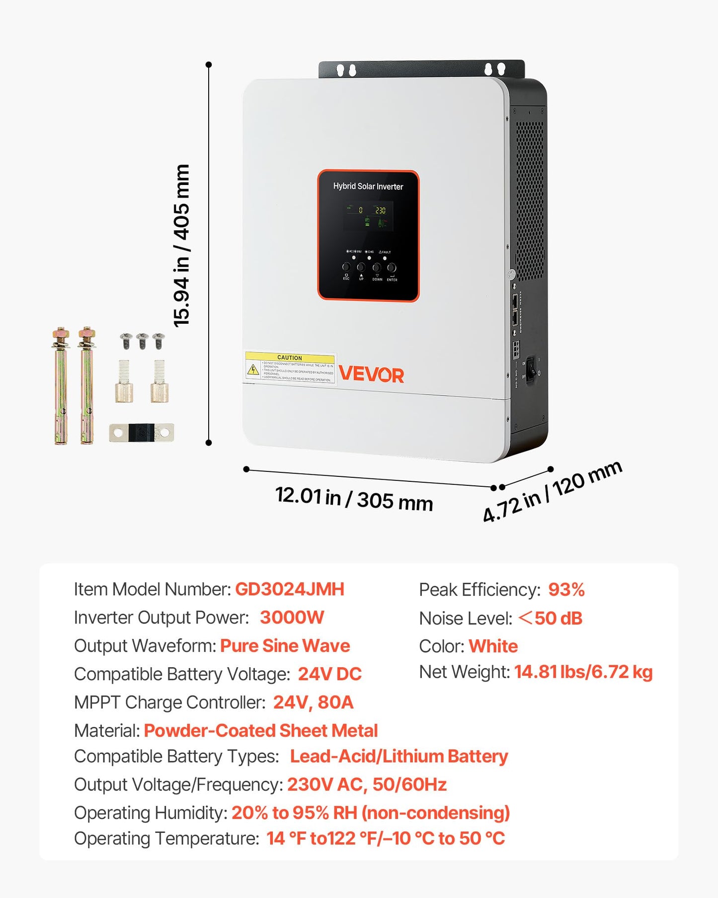 VEVOR 3000W Hybrid Solar Inverter, 24V DC to 230V AC, Pure Sine Wave Power Inverter, Built-in 80A MPPT Solar Charge Controller, Works with Lead Acid Lithium Battery, for Home Camper, Off-Grid, NO WiFi