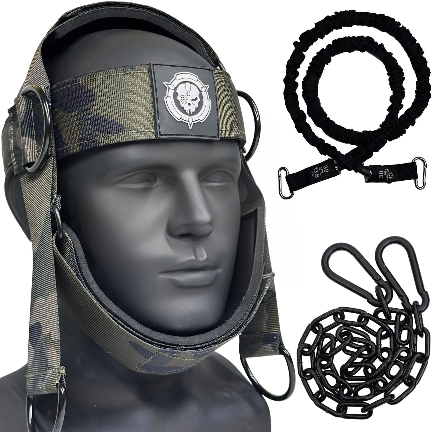 Military Green Camo Neck Trainer | Adjustable Neck Stretcher Exerciser with 15lb Resistance Band for Home Gym, Relieve Neck Tension & Strength Training