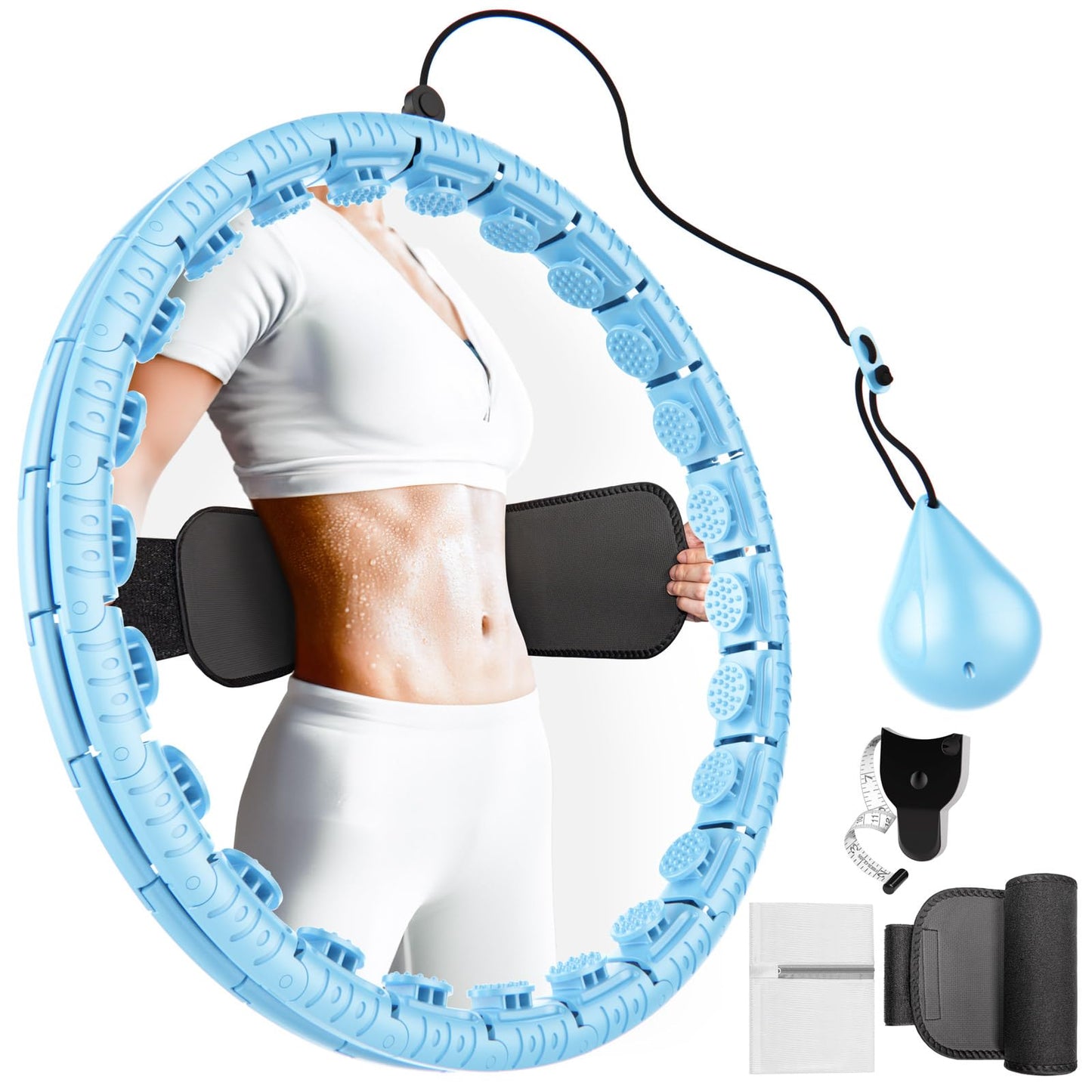 Infinity Weighted Hoop with Sweat Belt,Weighted Hoop for Adults Weight Loss,Smart Waist Exercise Ring Infinity Fitness Hoop Plus Size,Waist Trimmer Workout Equipment for Women (Steady Blue)