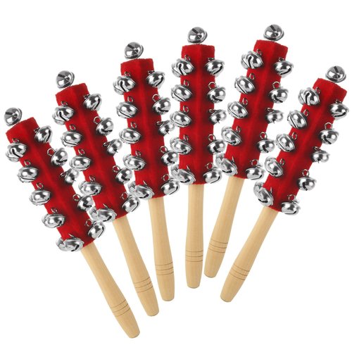 LOLYSIC 6 Pack Christmas Hand Jingle Bells Wooden Handle Sleigh Bells Christmas Stick Jingle Bells Shaker Rattle Musical Percussion Handheld Bells Holiday Xmas Gifts