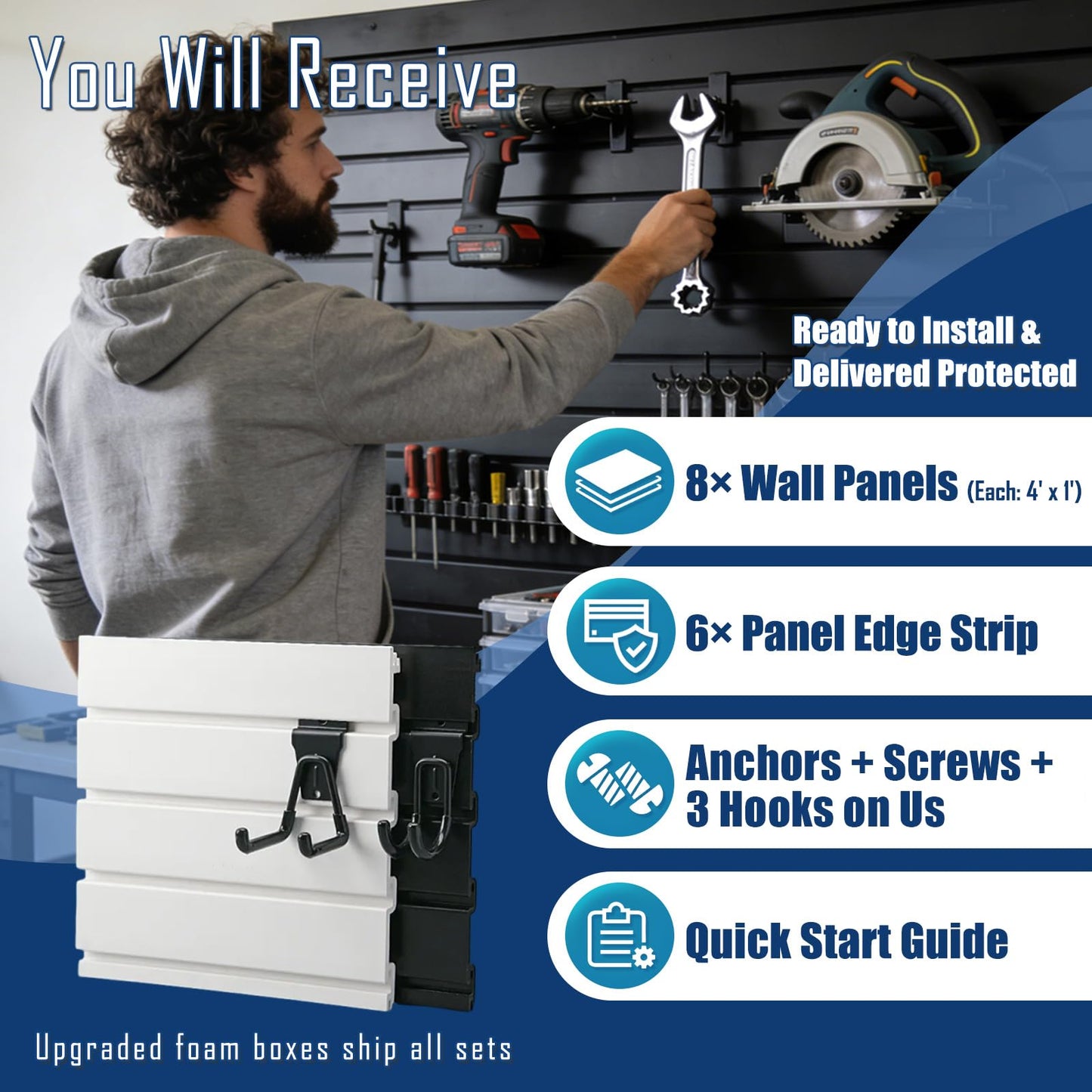 2026 Garage Organization: PVC Slatwall Panels 4x8 ft – Garage Storage Wall System, Heavy Duty Tool Organizer Wall Mount, Waterproof Garage Wall Panels, Easy DIY Install with 3 Hooks (8 Pack of 1x4ft)