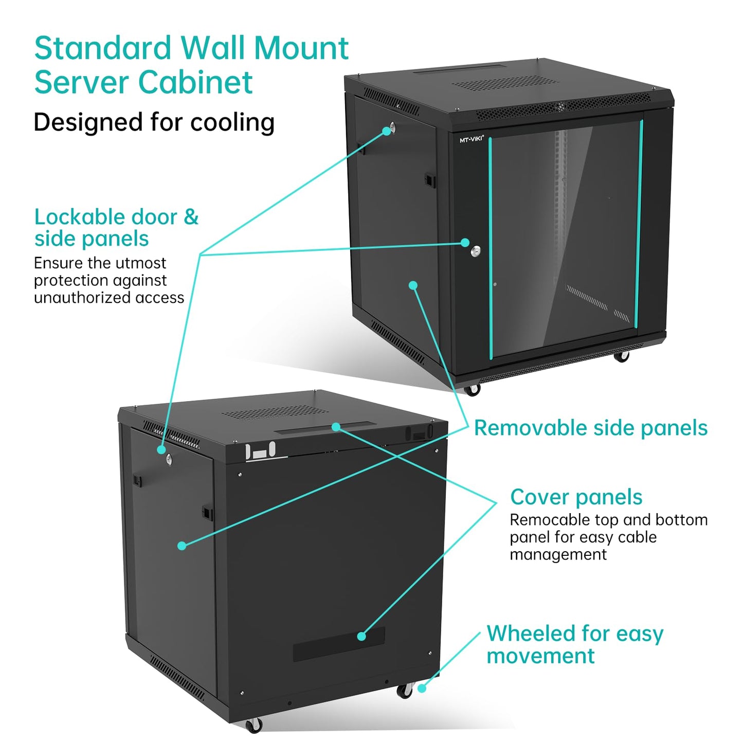 MT-VIKI 12U Server Cabinet Network Rack Vented Enclosure w/Moving Wheel, 0.8mm Thick Steel, 23.6‘’ Deep (600mm), for 19'' IT Equipment, Included 1pcs 12'' Depth Rack Shelf