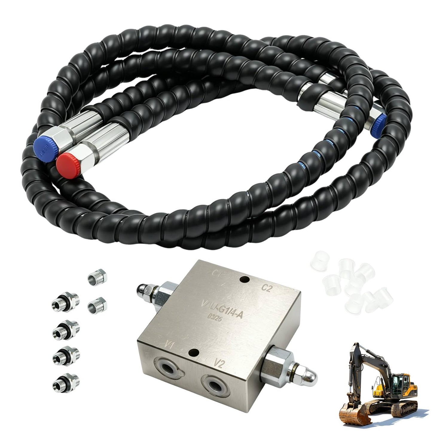 XFApex New Mini Excavator Swivel Motor Cushion Valve Kit Complete Hydraulic Assembly Fit for Mini Excavators with 1/4'' Hydraulic Hoses and M14×1.5 Thread, Straight Hole
