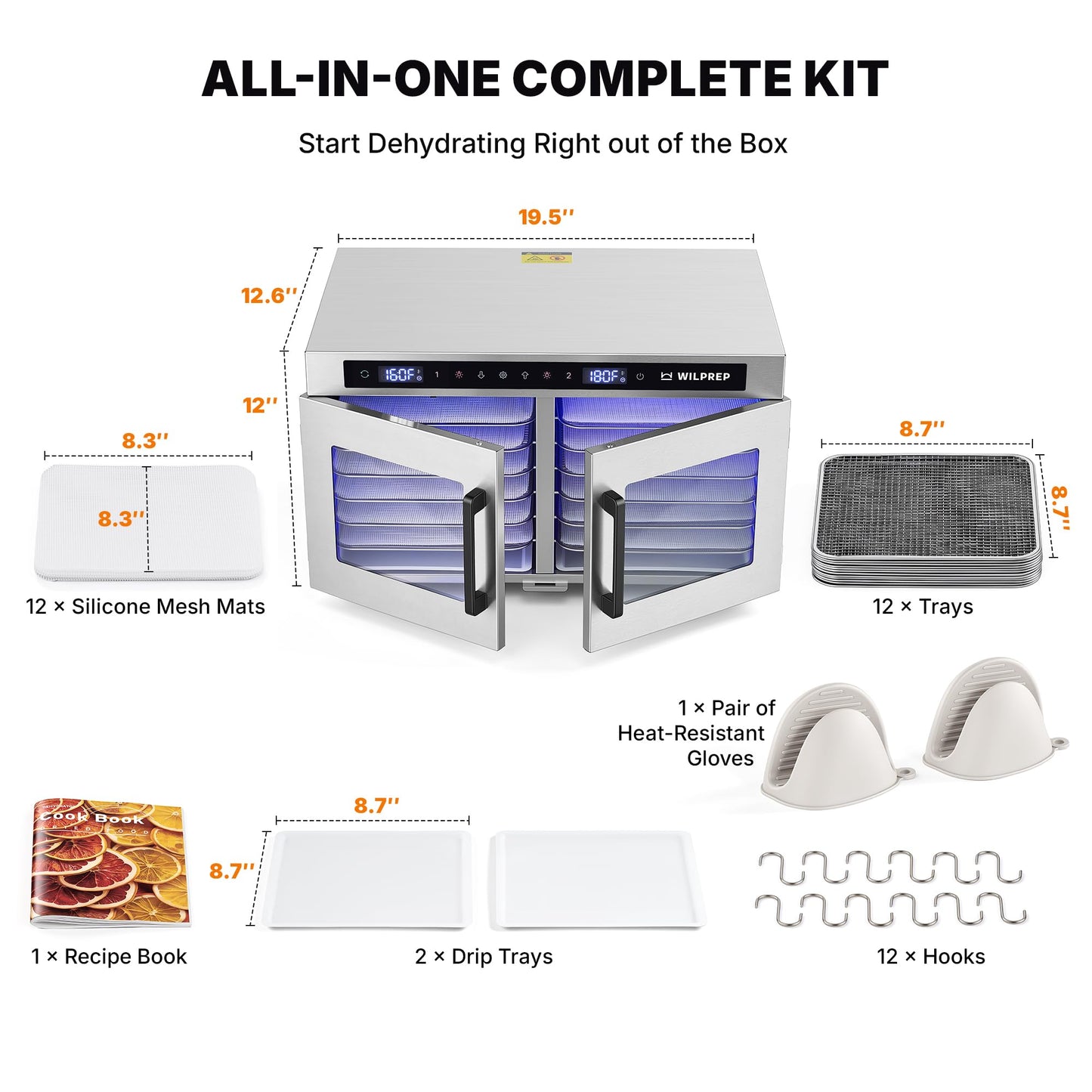 WILPREP Dual-Zone Food Dehydrator for Jerky, 12-Tray, 13 sq ft Food Dryer with Independent Control & 86–185°F Temp Range, Stainless Steel Dehydrator for Homemade Jerky Fruit Herbs Snacks