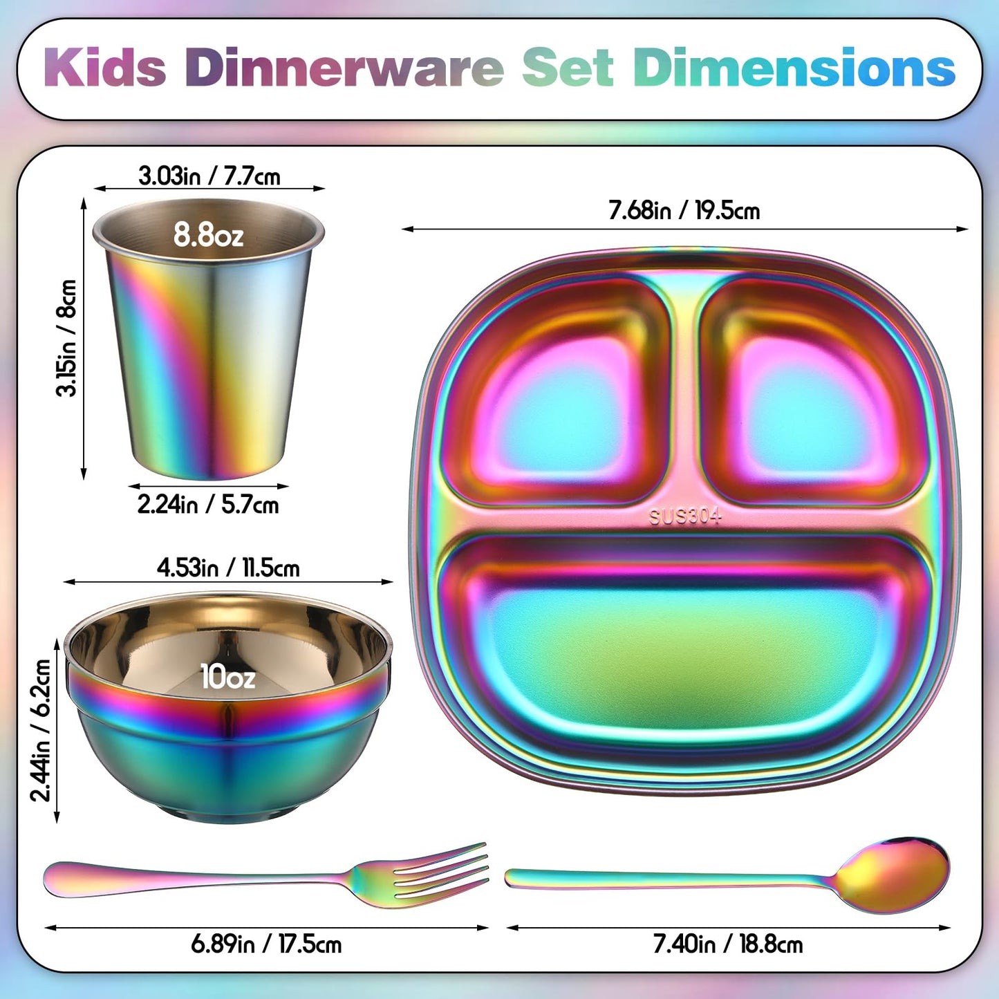 Tioncy 5 Pcs Stainless Steel Kids Dinner Set, 1 Bowl, 1 Balanced Bites Divided Plate, 1 Cup, 1 Spoon and 1 Forks, Stainless Steel Lunch Plates Dinnerware Set for Kids Toddlers(Classic)