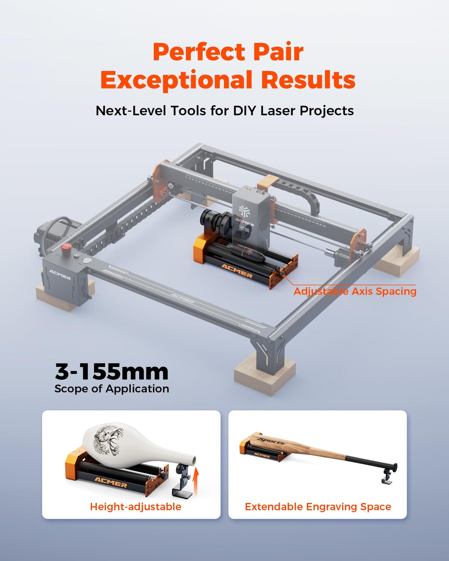 ACMER M4 Laser Rotary Roller, 360° Y-Axis Rotary Attachment for Laser Engraver, 3–150mm Adjustable Engraving Space, for Cylindrical Objects, Rings, Compatible with Most Laser Engravers