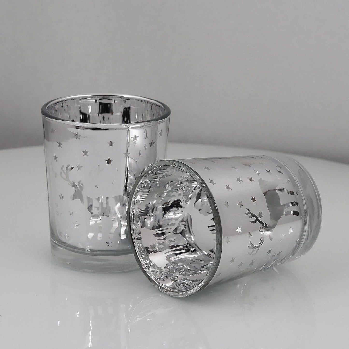 Skiennix Silver Votive Tealight Candle Holders - 12PCS Carved Reindeer Xmas Table Centerpiece Decor