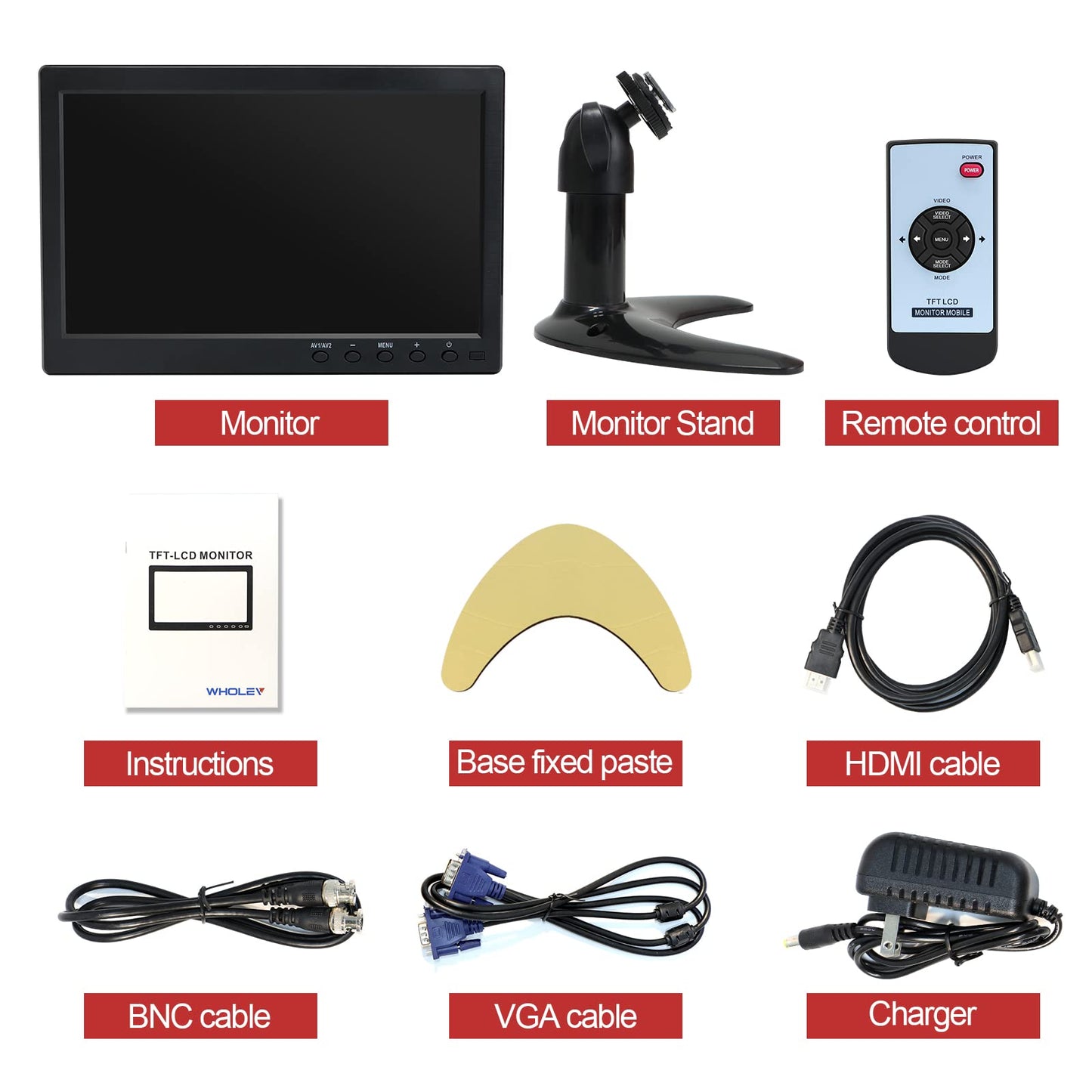 WHOLEV Security Monitor 10.1" FHD CCTV PC Monitor with VGA HDMI BNC AV USB Input Built-in Speaker 178 Wide Angle for Raspberry Pi Game Computer