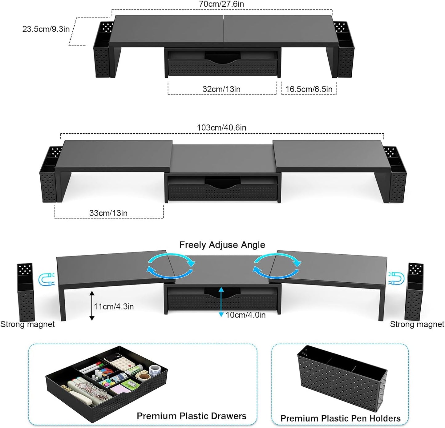 2 Spacrea Metal Desk Organizers and Accessories, Dual Monitor Stand Riser with Drawer and Pen Holders, Book Racks, Desk