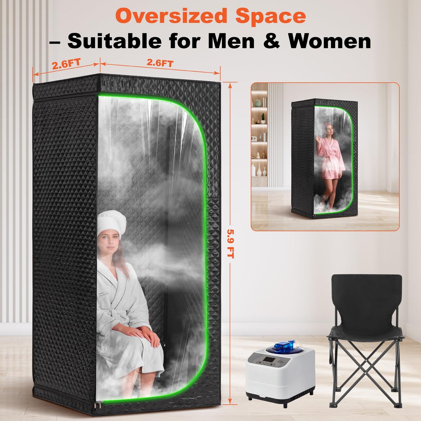 UNANEST Portable Steam Sauna Tent with Clear View Door, Black, Full Size Square Sauna for Home, 3L Steamer, 9 Heat Levels