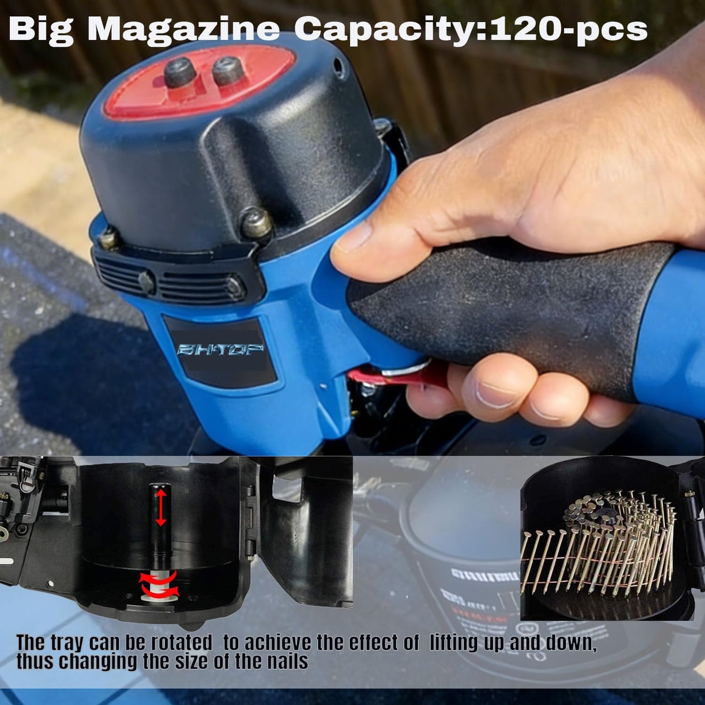 BHTOP CN45N Roofing Nailer, 15 Degree Roofing Nail Gun, 3/4-Inch to 1-3/4-Inch Coil Nails, 120-pcs Load Capacity Coil Nailer in Blue