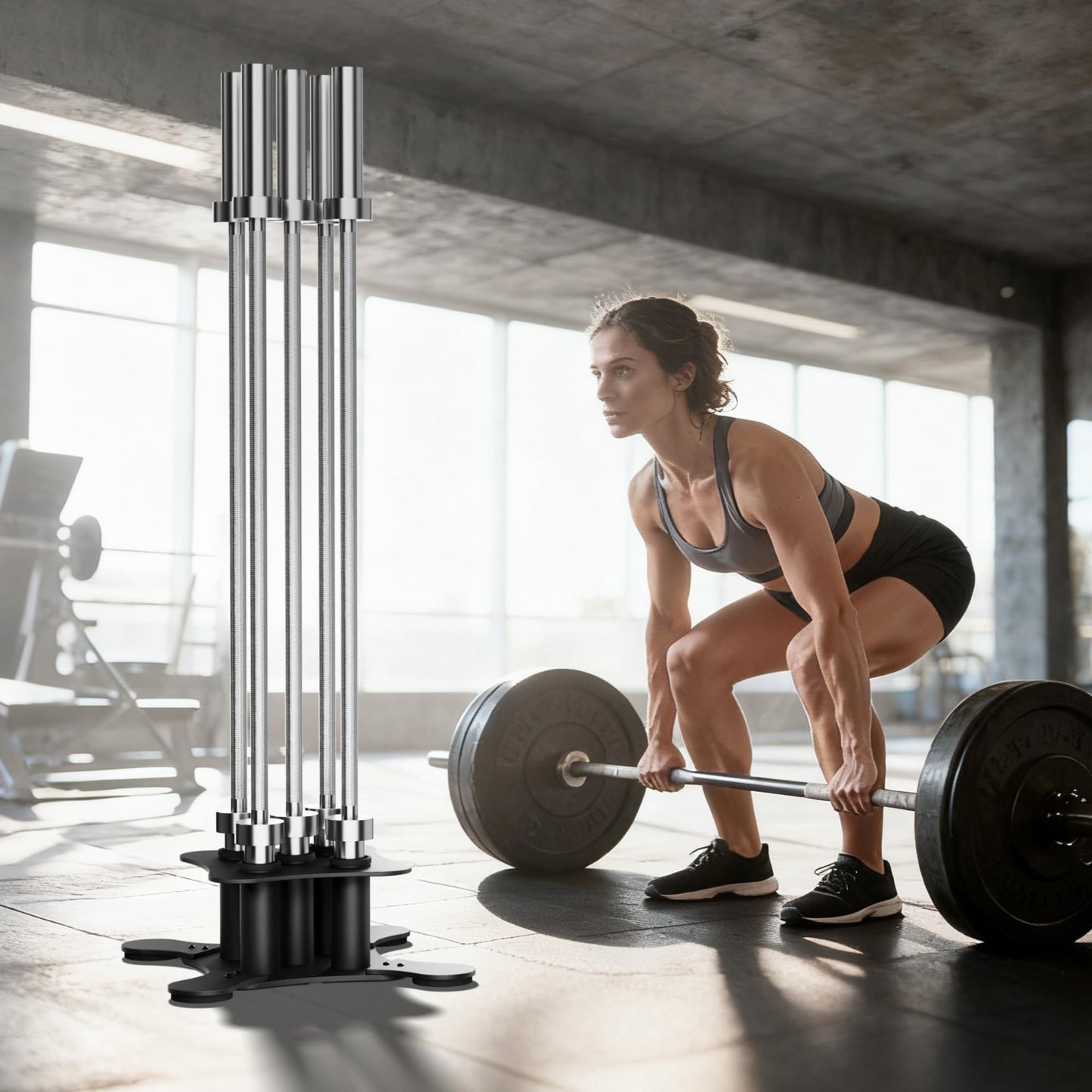 Vertical Barbell Storage Rack - 5-Bar Barbell Holder Floor Stand, 2-Inch Olympic/Curl Bar Compatible, with Protective Sleeve Inserts, Organizer for Home & Garage Gym