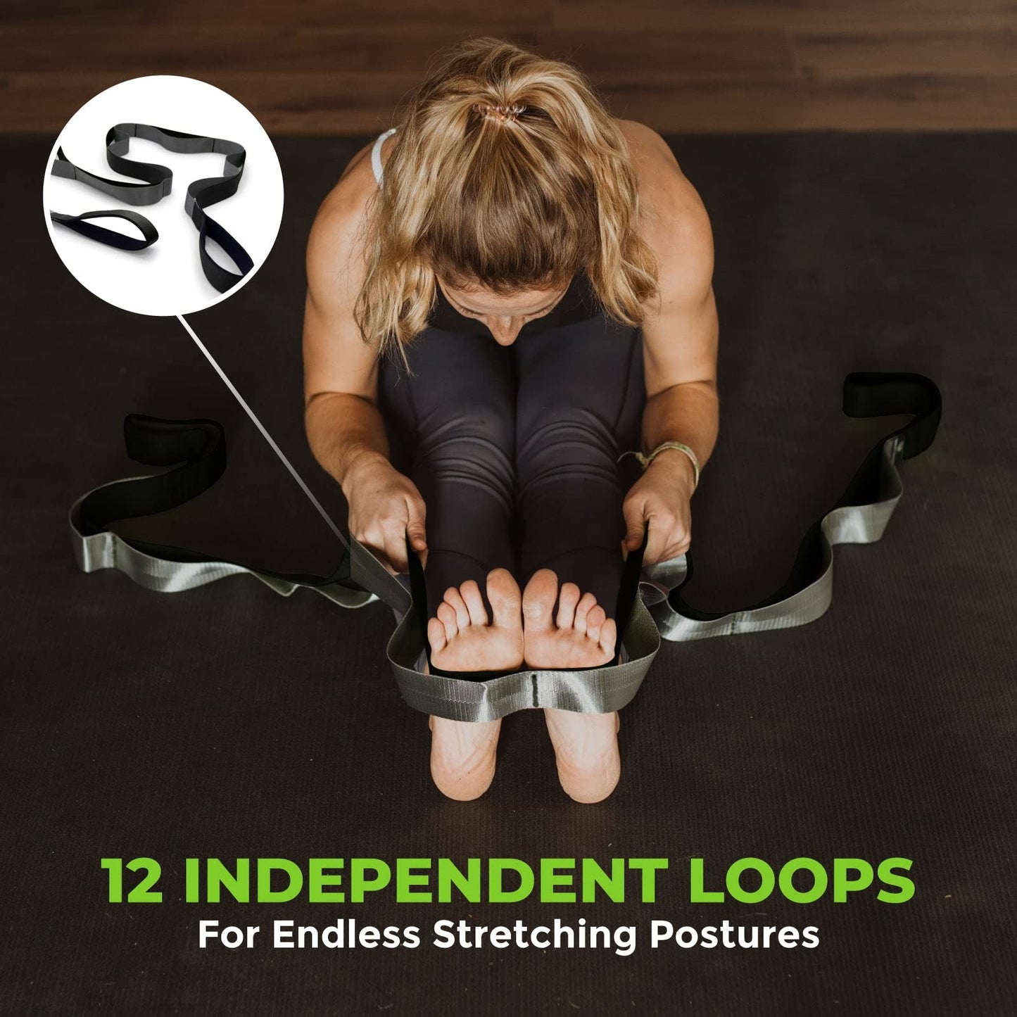 Gradient Fitness Stretching Strap for Physical Therapy, 12 Multi-Loop Stretch Strap 1.5" W x 8' L, Neoprene Handles, Physical Therapy Equipment, Yoga Straps for Stretching, Leg Stretcher, (Black/Grey)