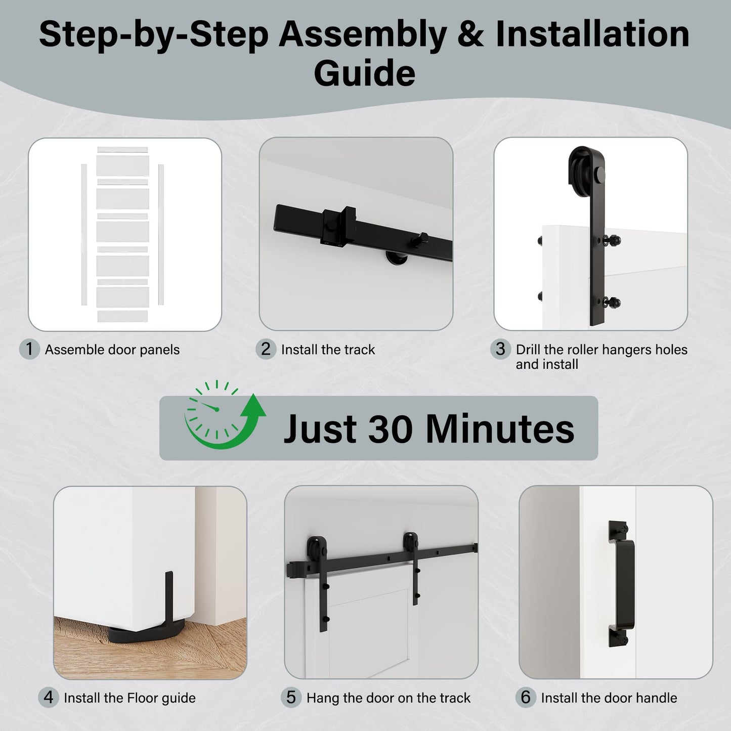 30" x 84" 5-Lites Frosted Glass Sliding Barn Door and Hardware Kit Included & 6FT Track & Handle, Easy Assembly for Mortise and Tenon Structure, Sturdy MDF Barn Door, Privacy Protection, Pre-Drilled