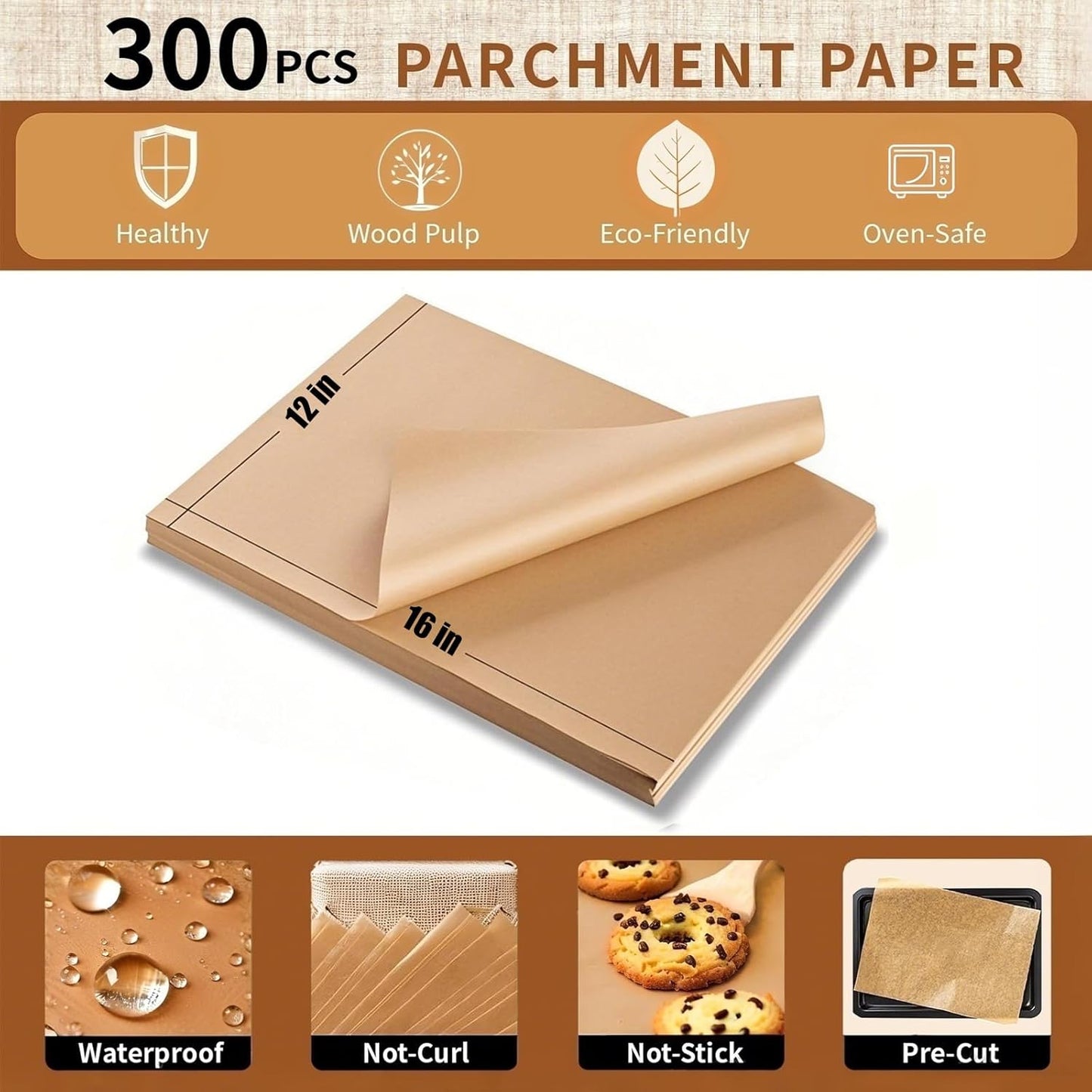 Skiennix Parchment Paper - Non-Stick Precut Baking Sheets, 300PCS 12x16 Inches | Ideal for Air Frying & Grilling