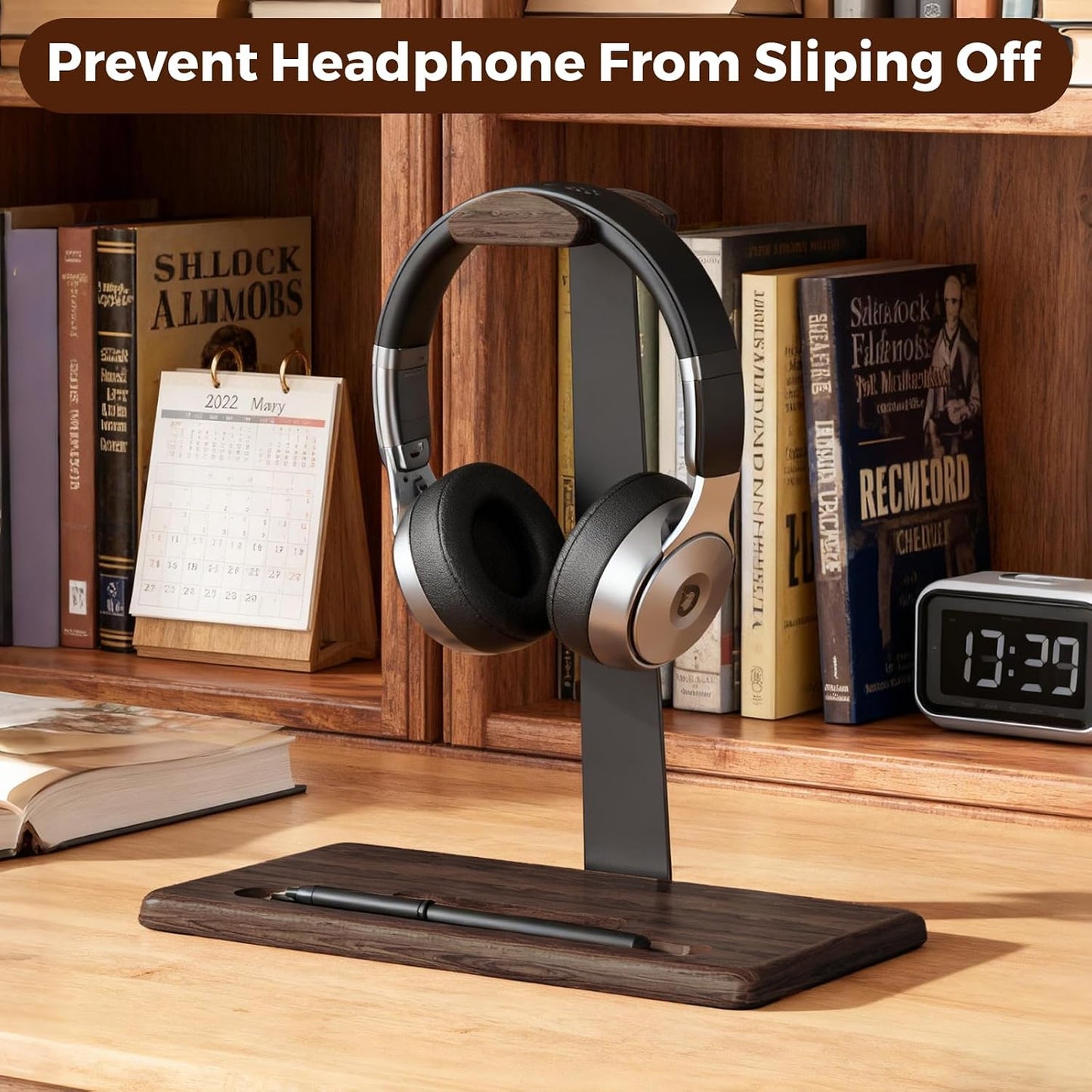 DEMEGA Headset Walnut Stand for Desk with Phone Holder | Headphone Stand Headphone Holder (Dark Walnut)
