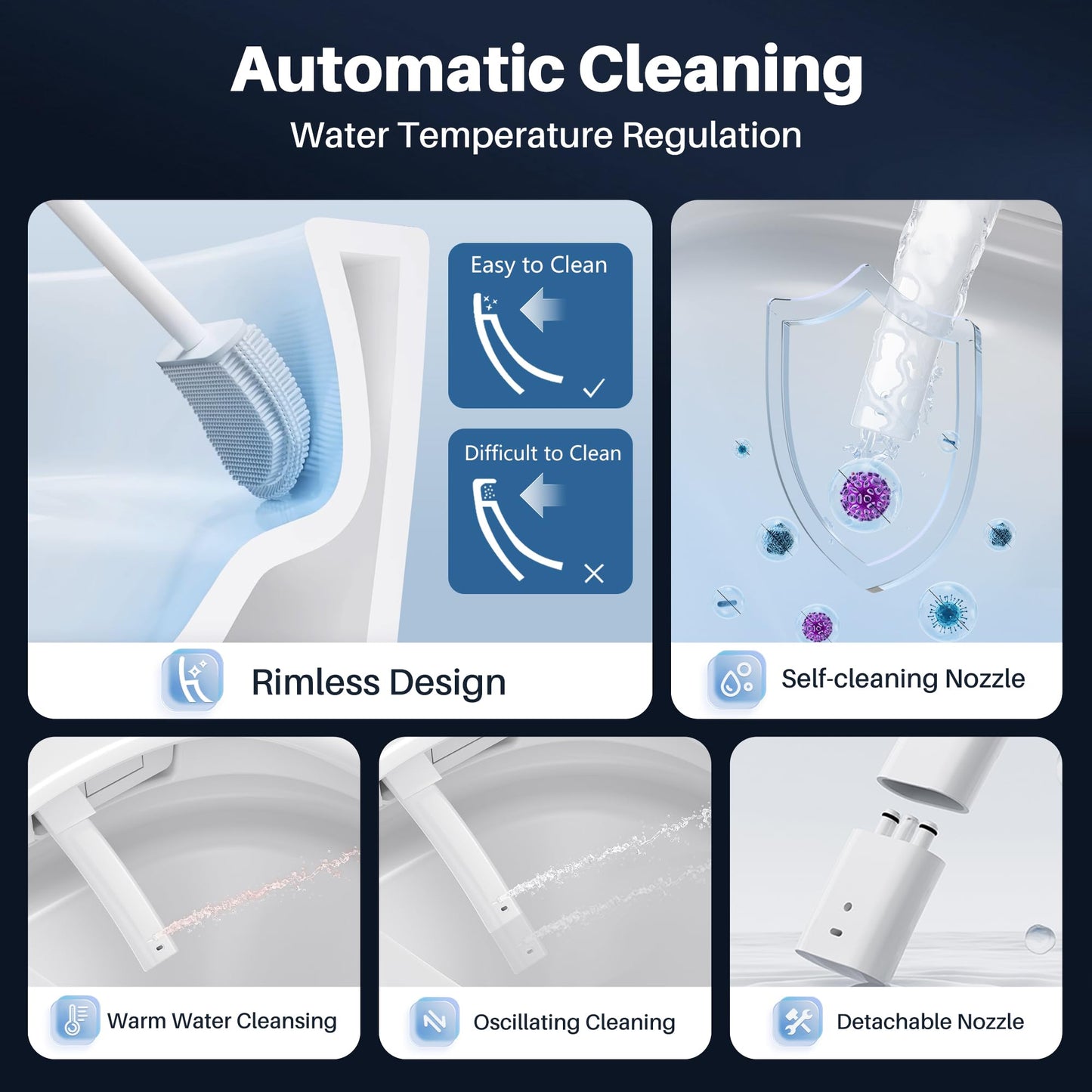 Bazyths Luxury Smart Toilet with Built-in Tank & Bidet– Ultra-Quiet 4s Flush, Foam Shield for Splash-Free, Auto Open/Close Lid, Foot Sensor, Dual User Memory, 12” Rough-In One-Piece Elongated(ZY760A)