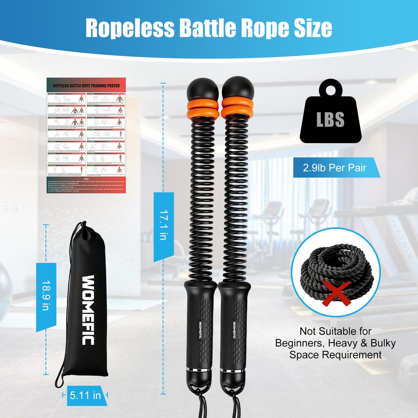 Weighted Ropeless Battle Ropes Adjustable Weight - Portable Cordless Battle Ropes for Home Gym with Poster - Strength Building, HIIT and Low-Impact Aerobic Training for Men & Women (Black)