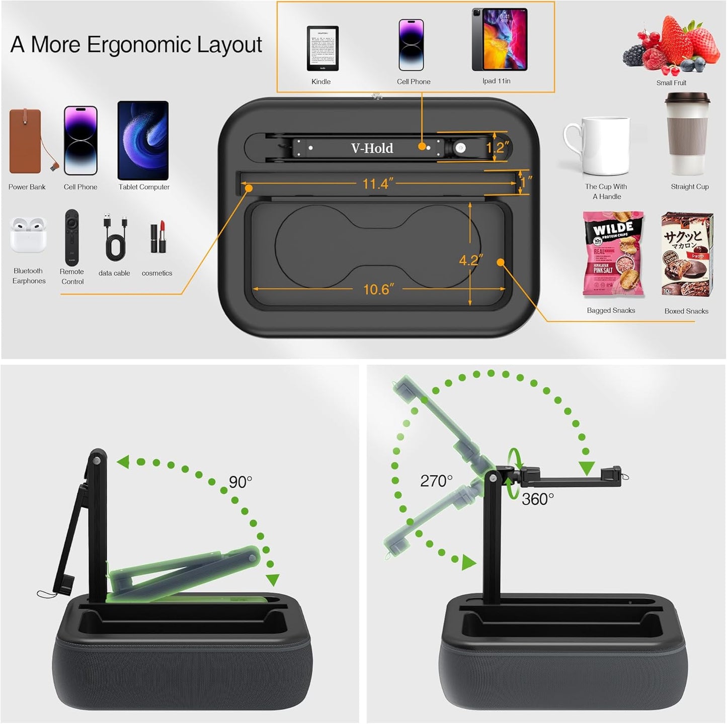 Generic 4.7-11 V-Hold Tablet Pillow Stand, Kindle Pillow Stand with Snack Bowl, Tablet Holder for Lap in Bed for iPad