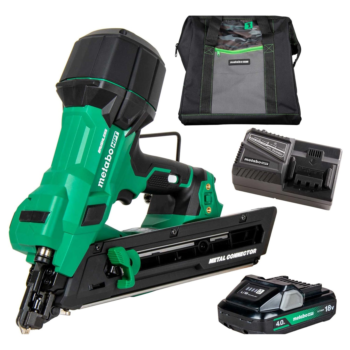 Metabo HPT 18V MultiVolt Brushless 1-1/2" Metal Connector Nailer, Cordless Air Spring Nailer with 18V 4.0Ah Battery, Lightweight Design, 600 Nails Per Charge, Sequential Actuation, NR1838DKA
