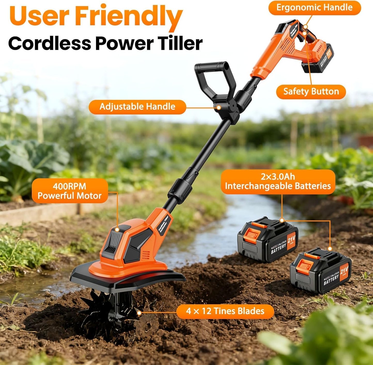 20V Cordlees Tiller Cultivator for Gardening, 400RPM Brushless Electric Garden Tiller Battery Powered((2*3.0Ah Battery&Charger), 9.5"Width 7"Depth, Garden Rototiller for Yard/Lawn/Soil Tiller (Orange)
