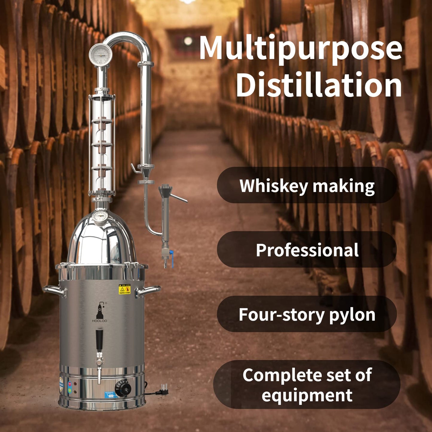 HOOLOO Alcohol Distiller Still for Home Use Kit 304 Stainless Steel Whiskey Making Kit with Thermometer Whiskey Brandy Vodka 6.3Gal (24L) (SV-30-110V)