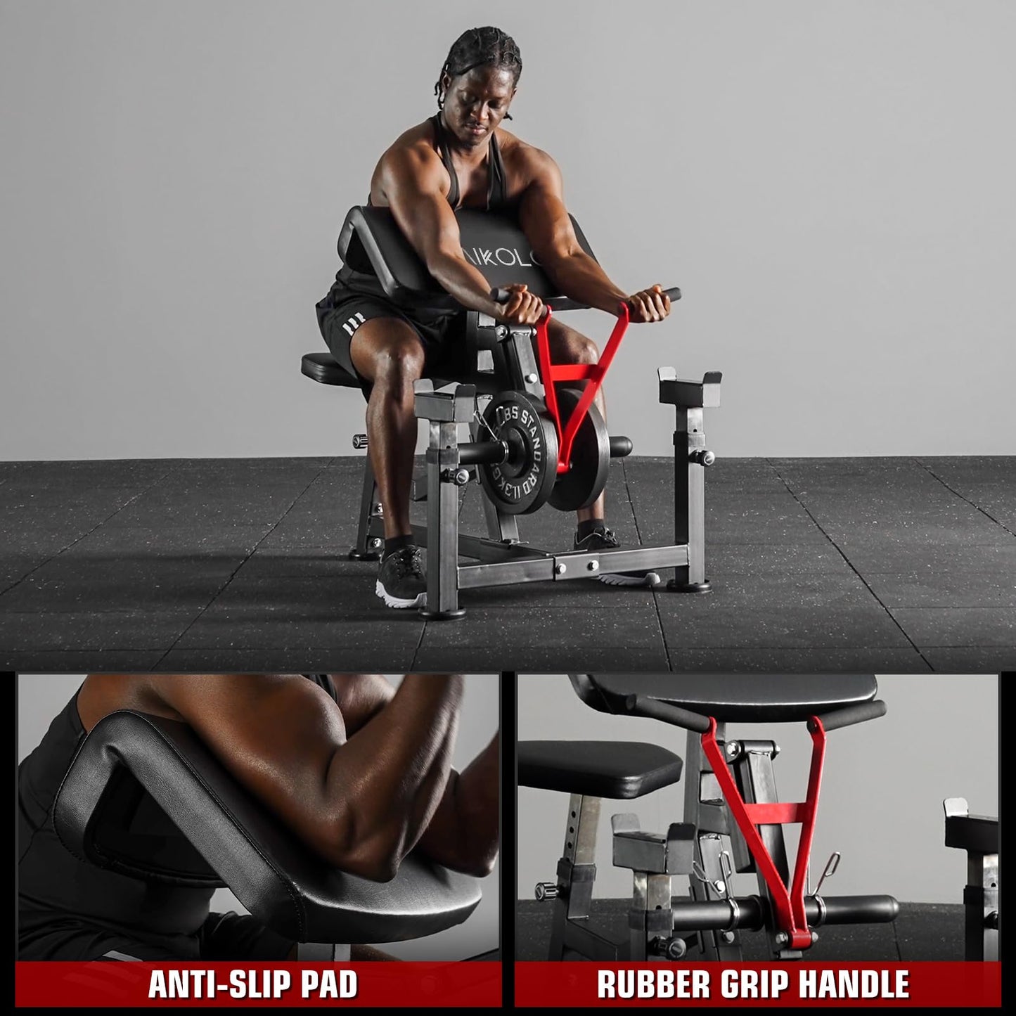 Mikolo Preacher Curl Bench, Plate Loaded Bicep Curl Machine, Bicep and Tricep Workout Equipment，2 in 1 Arm Training Machine for Home Gym