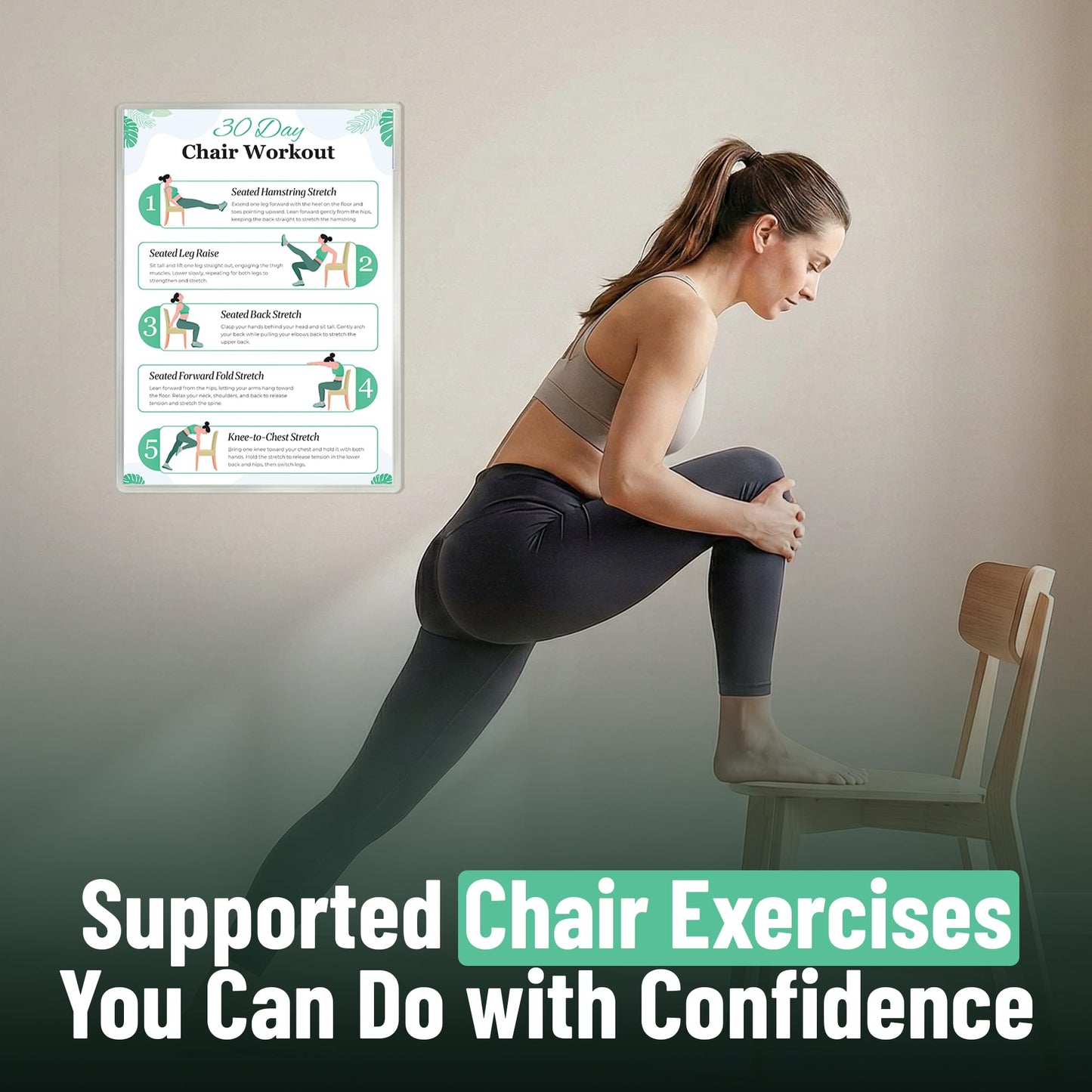 Chair Yoga Poster for Seniors & Beginners - Set of 6 Laminated Workout Posters - Gentle Seated Exercises for Stiffness, Joint Pain & Stress Relief - Easy to Follow 30-Day Challanges Home Workout Guide