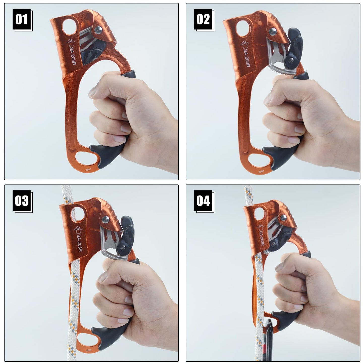 S.E.PEAK UIAA & CE Certified Climbing Rappelling Equip Hand Ascender for 8-13mm Rope Right Hand Orange