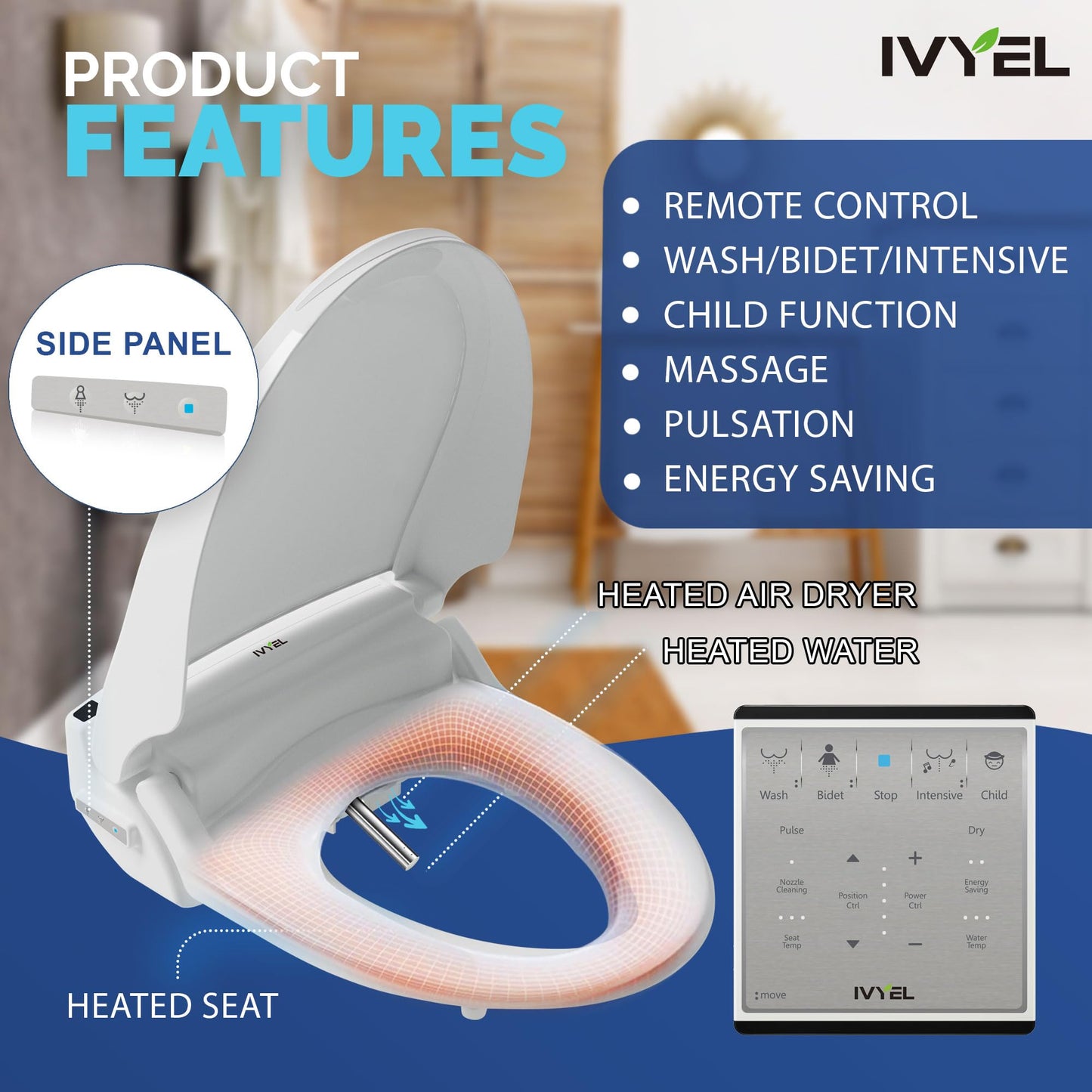 Ivyel J-2R Smart Electric Bidet for Toilet Seat,For Elongated toilet,Warm water,Heated bidet toilet seat,Remote Control,Heated Dryer,Child Function,Stainless Steel Self-Cleaning Nozzle,LED Night Light