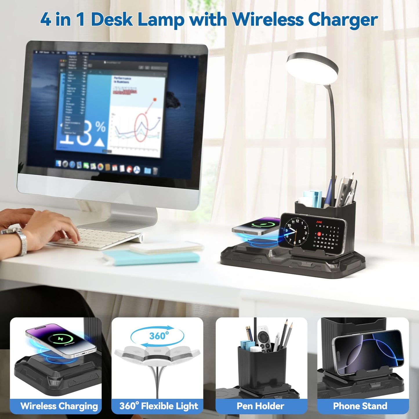KDD 4 in 1 Desk Lamp with Wireless Charger, 360? Gooseneck, Adjustable White & Warm Light, Black