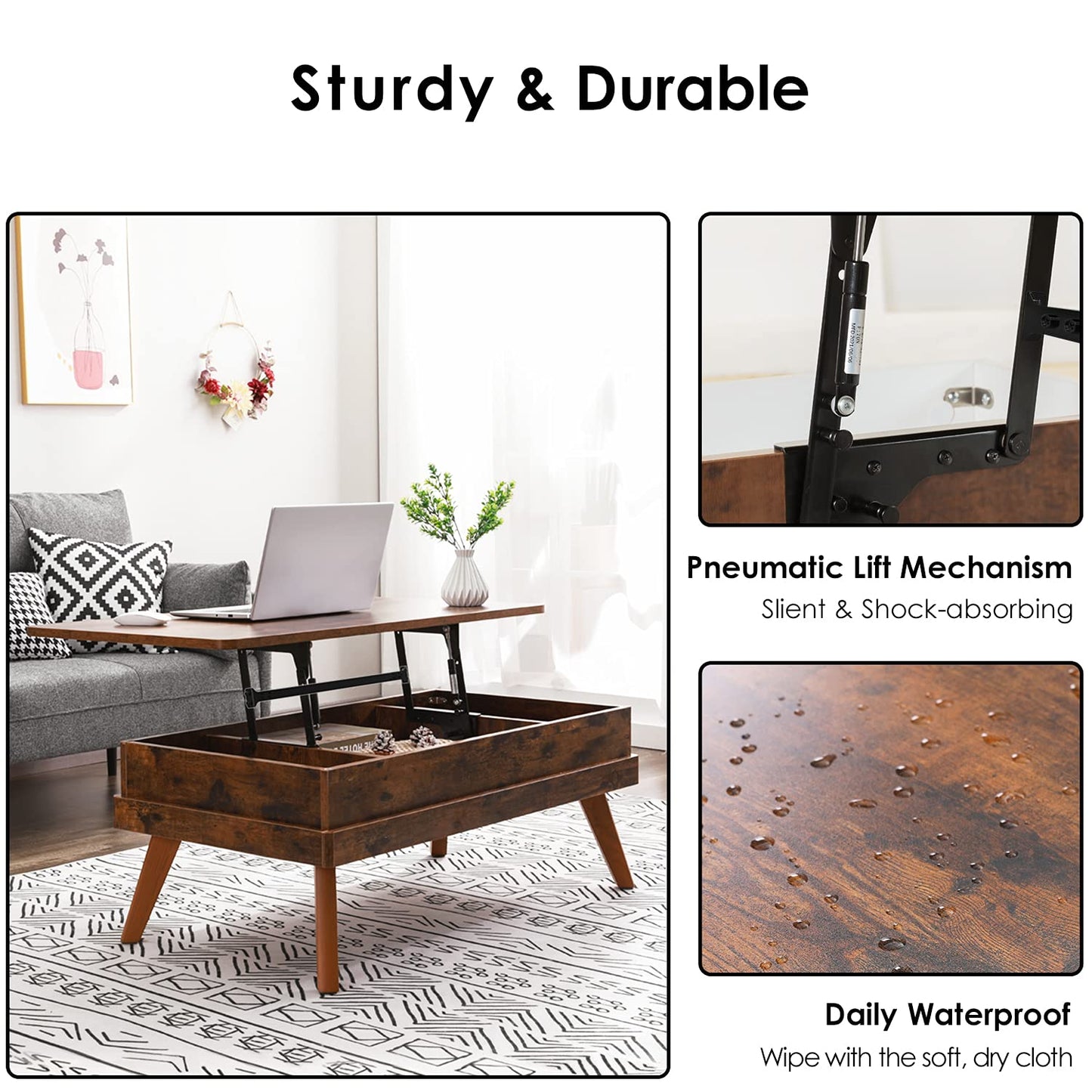 Bidiso Lift Top Coffee Table, Easy-to-Assembly Center Table with Hidden Storage Compartment, Industrial Lift Tabletop Dining Table for Living Room Reception/Home Office, Rustic Brown