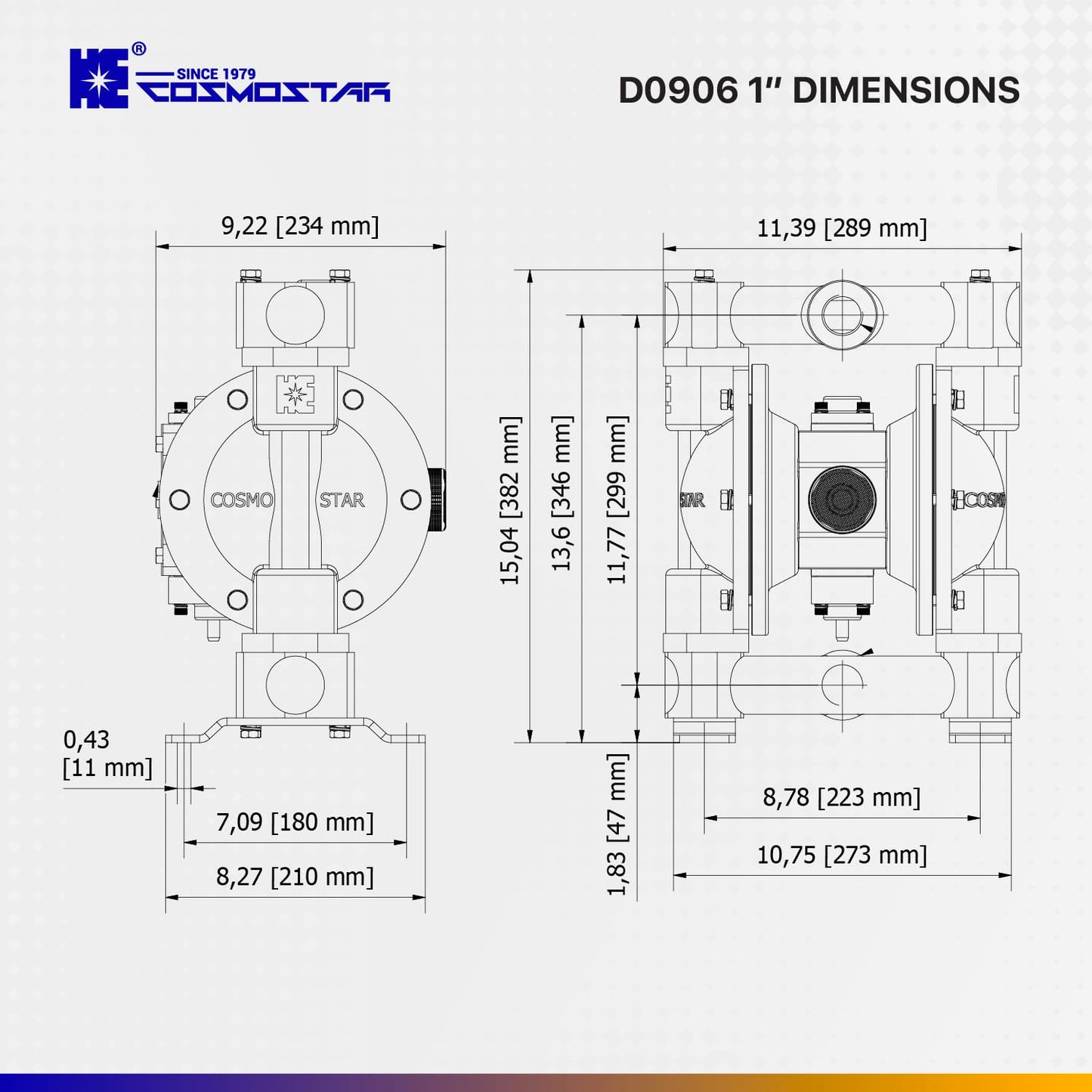 COSMOSTAR D0906 1" Double Air Diaphragm Pump - Aluminum Body, Teflon Ball, Seat and Diaphragm With Muffler - Chemical, Waste Oil, Pneumatic Oil Pump