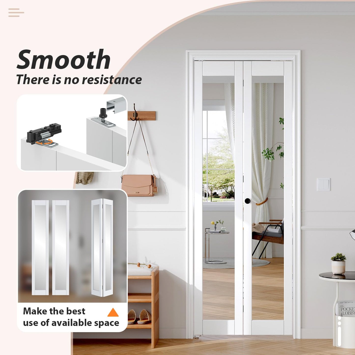 FREDBECK Bifold Door for 30x80 Opening (Double 15x80) with 1 Lites Mirror ,Interior Bi fold Barn Doors and Concealed Hardware Kit Included, PVC Surface, White,for Closet,Pantry,Kicthen