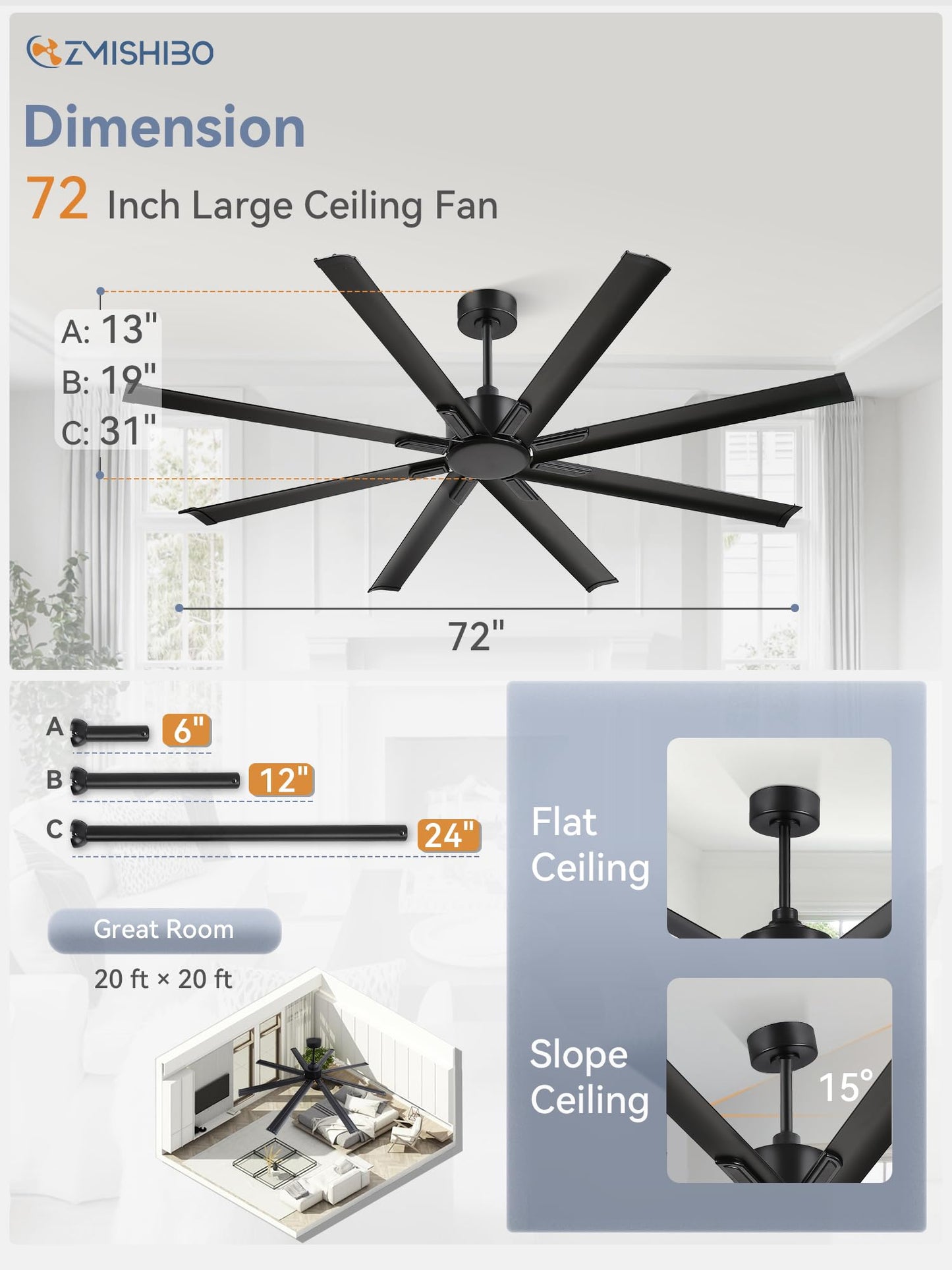 ZMISHIBO 72 Inch No Light, Large Industrial Ceiling Fan with 8 Aluminium Blades, Quiet DC Motor, 6 Speeds, Modern Ceiling Fan without Light for Garage/shop/living room,Black