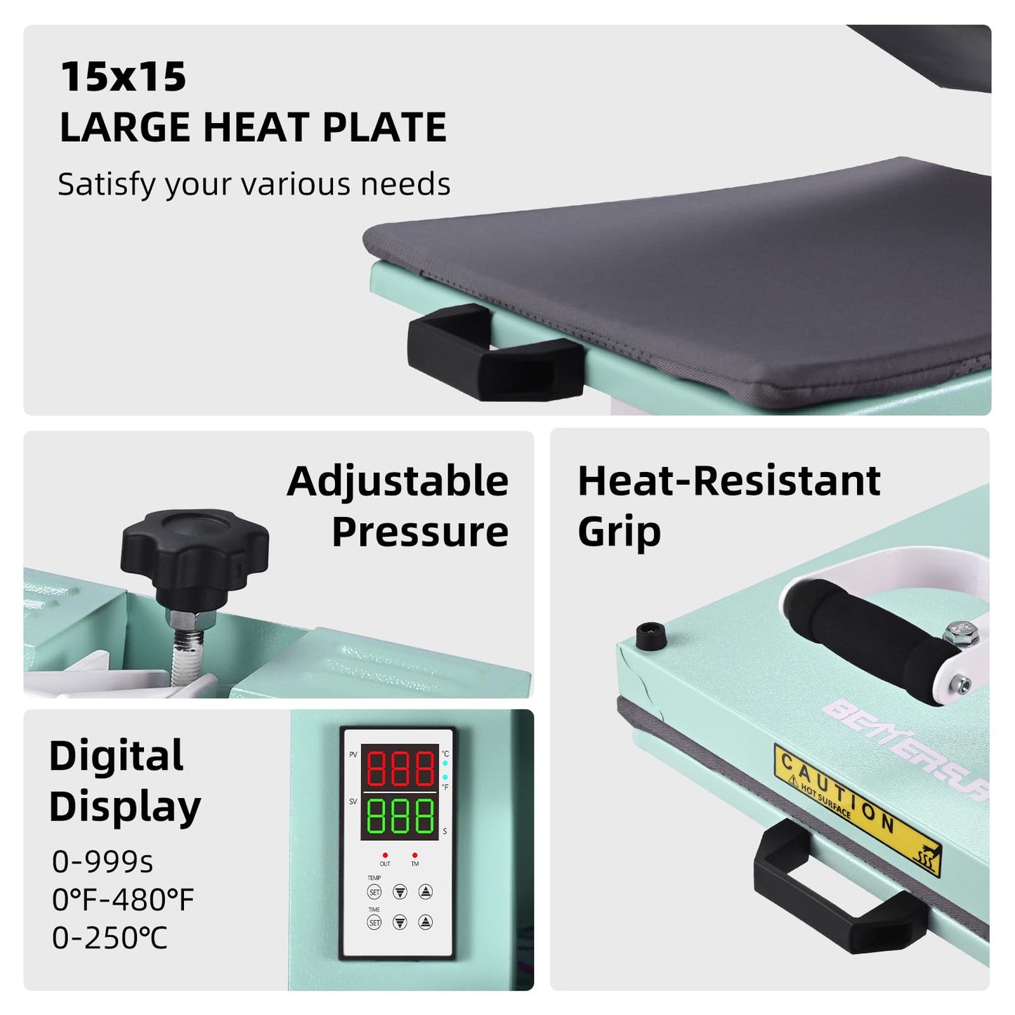 BetterSub 15x15 Heat Press Machine for T-Shirts, Industrial Sublimation & Heat Transfer – Digital LCD Control, Teflon Coated Surface, Clamshell Design, Safe Durable (Teal)