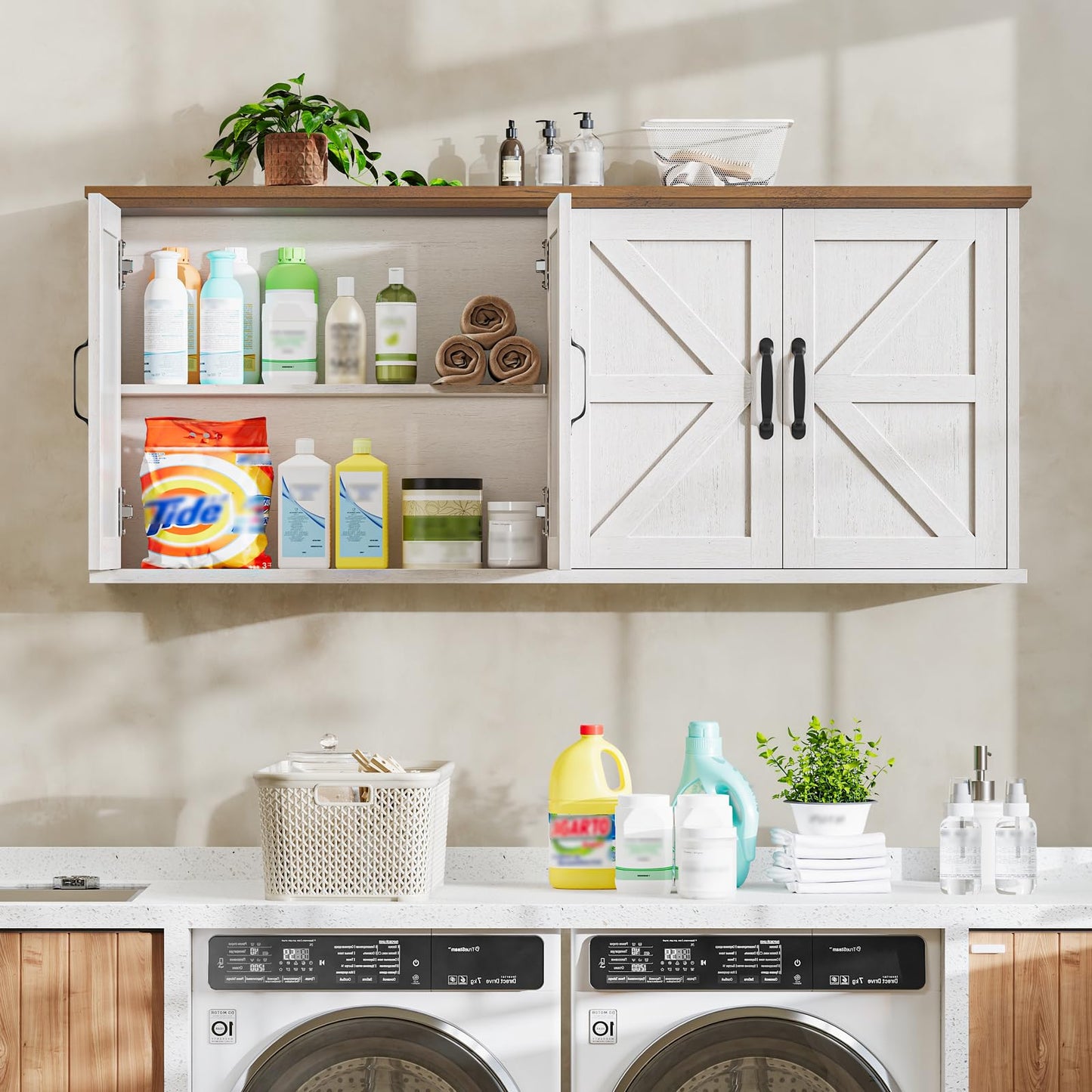 Halitaa 47" Laundry Room Cabinets and Storage with 4 Doors and Utility Adjustable Shelf, Large Wall Mounted Storage Cabinet, Upper Kitchen Cabinet for Laundry, Bathroom, and Kitchen, White and Brown