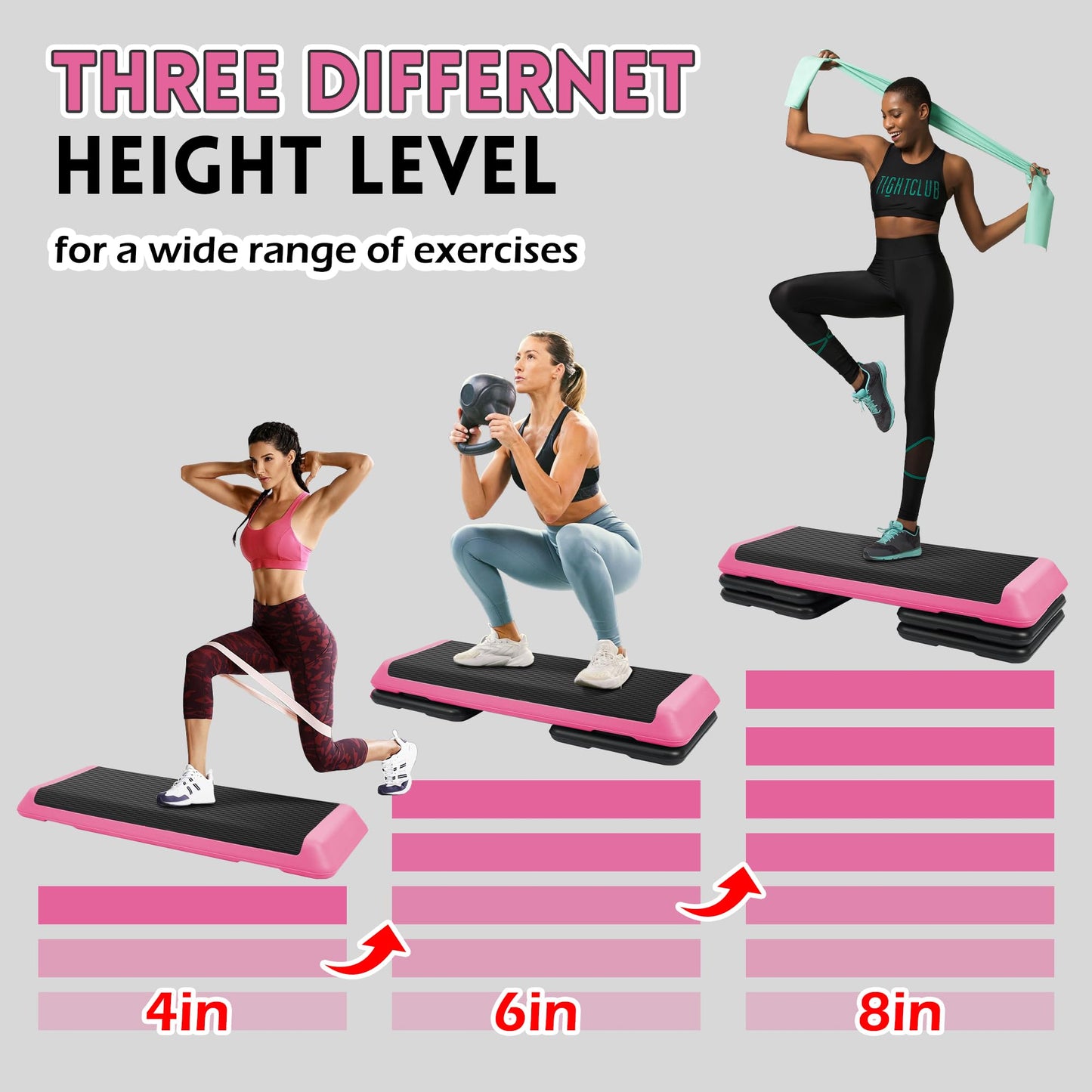 Fitvids 43''x 16'' Adjustable High Step Aerobic Step Platform with 4 Stackable Risers, Workout Step Platform for Exercise at Home, Stepper with Non-Slip Surface for Fitness Training, Cardio Strength, Pink