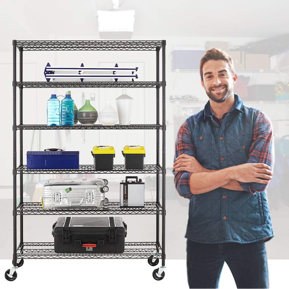 BestOffice 6-Tier Wire Storage Shelves with Wheels - Heavy-Duty Metal Racks | Adjustable | 18x48x78 | Black | No-Tool Assembly