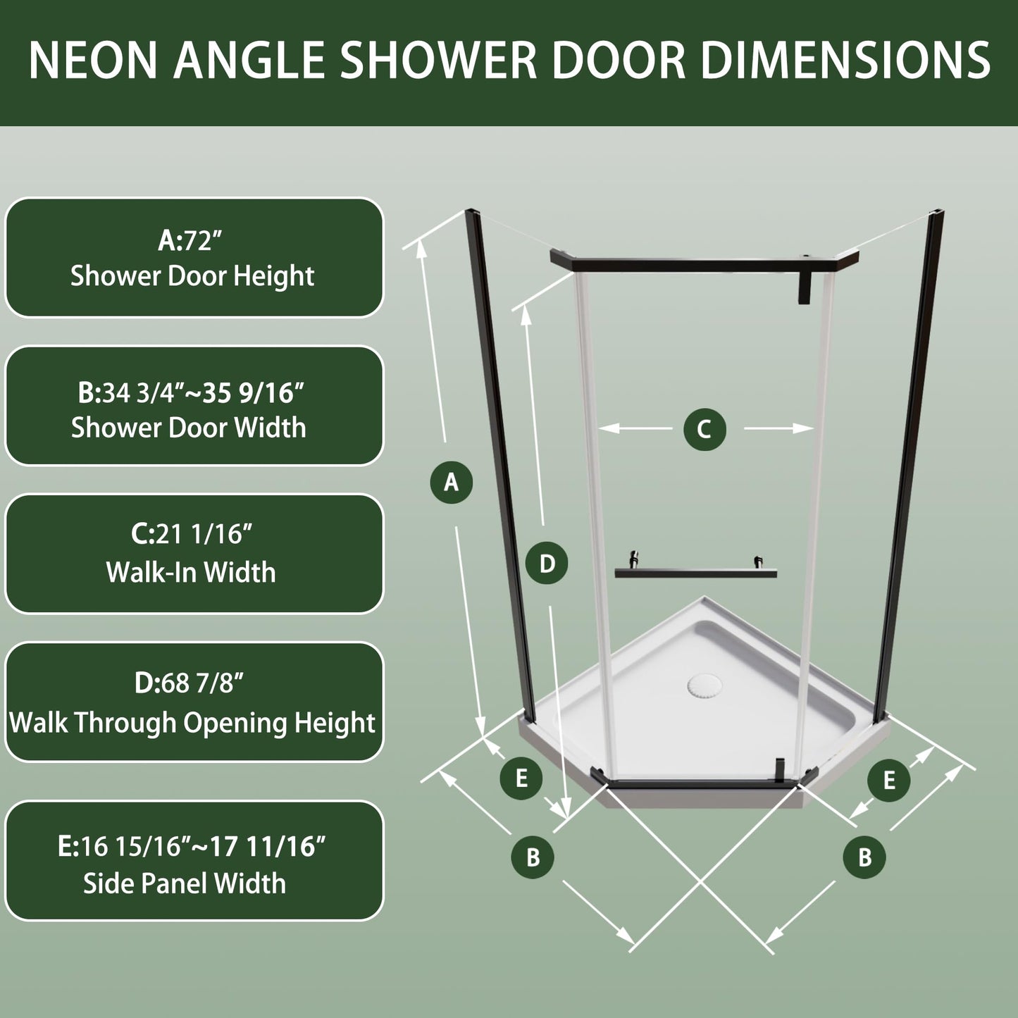 36" W x 36" D x 72" H Frameless Neo-Angle Shower Enclosure, Pivot Glass Shower Door with 1/4" (6mm) Clear SGCC Tempered Glass, Matte Black Finish, Reversible Installation