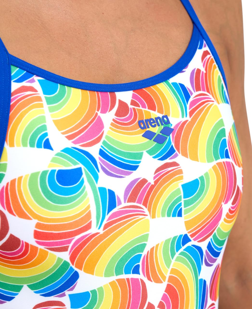 ARENA Performance Women's Pride Swimsuit Super Fly Back One Piece MaxLife Training and Competition Suit, Neon Blue/White Multi, US Size 30