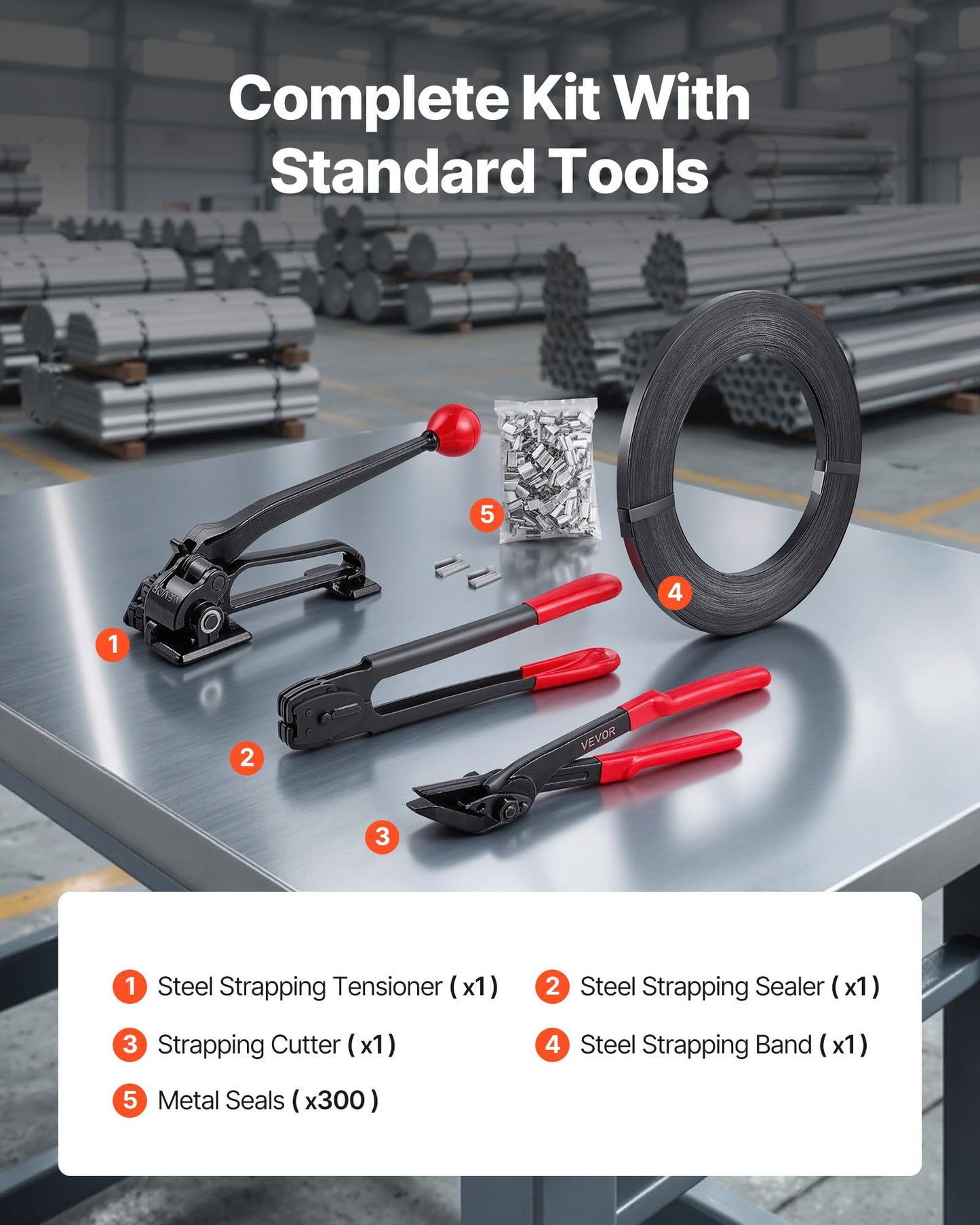 VEVOR Steel Banding Strapping Kit, Heavy Duty Banding Sealer Tool with 600 ft Binding Straps, 300 Metal Seals, Manual Pallet Packaging Strapping Kit for Warehouse, Transportation, Industrial Bundling