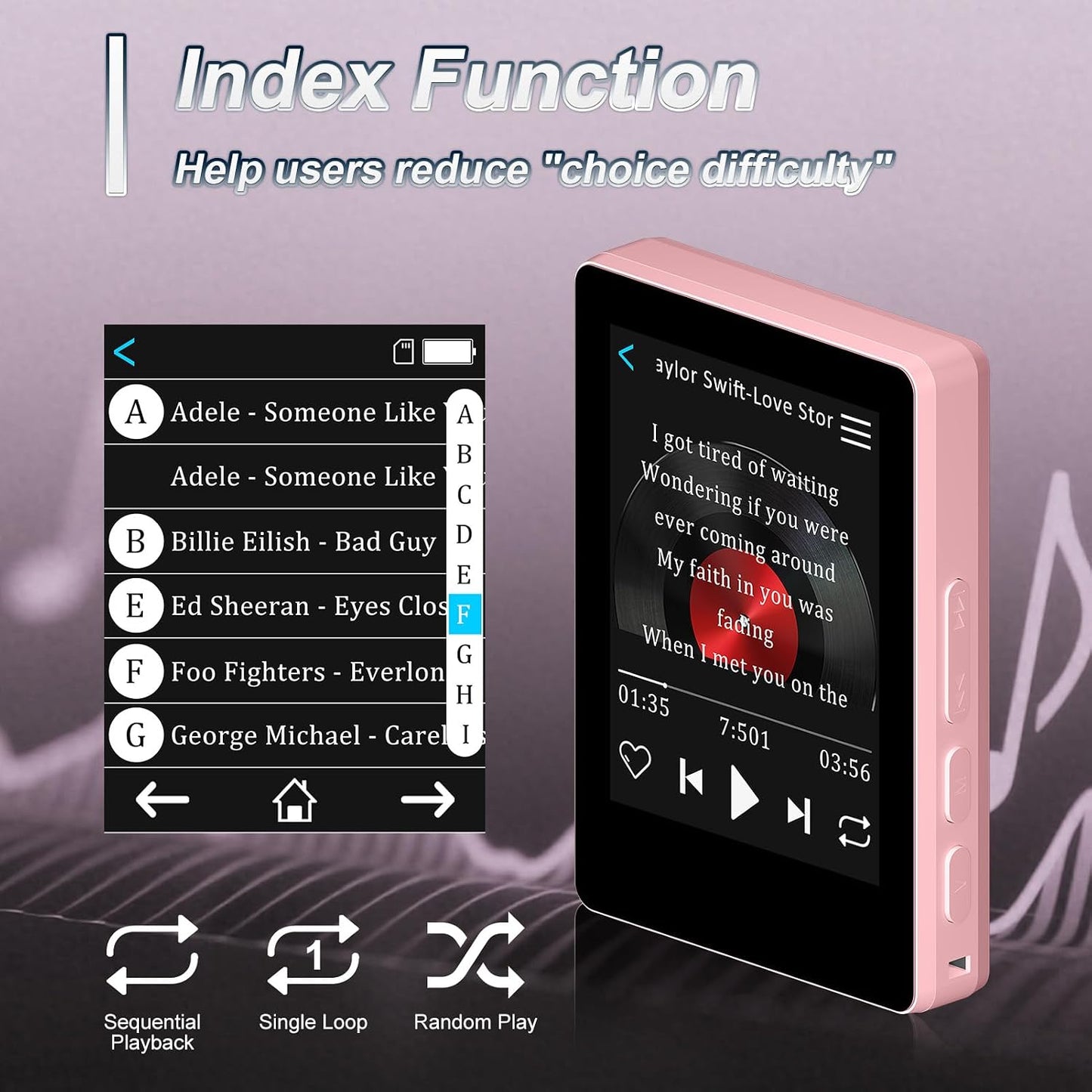 VANSING MP3 32GB MP3 512GB(Pink) Mini HiFi Bluetooth Player for Kids, Portable Audio Player with FM Radio, Digital