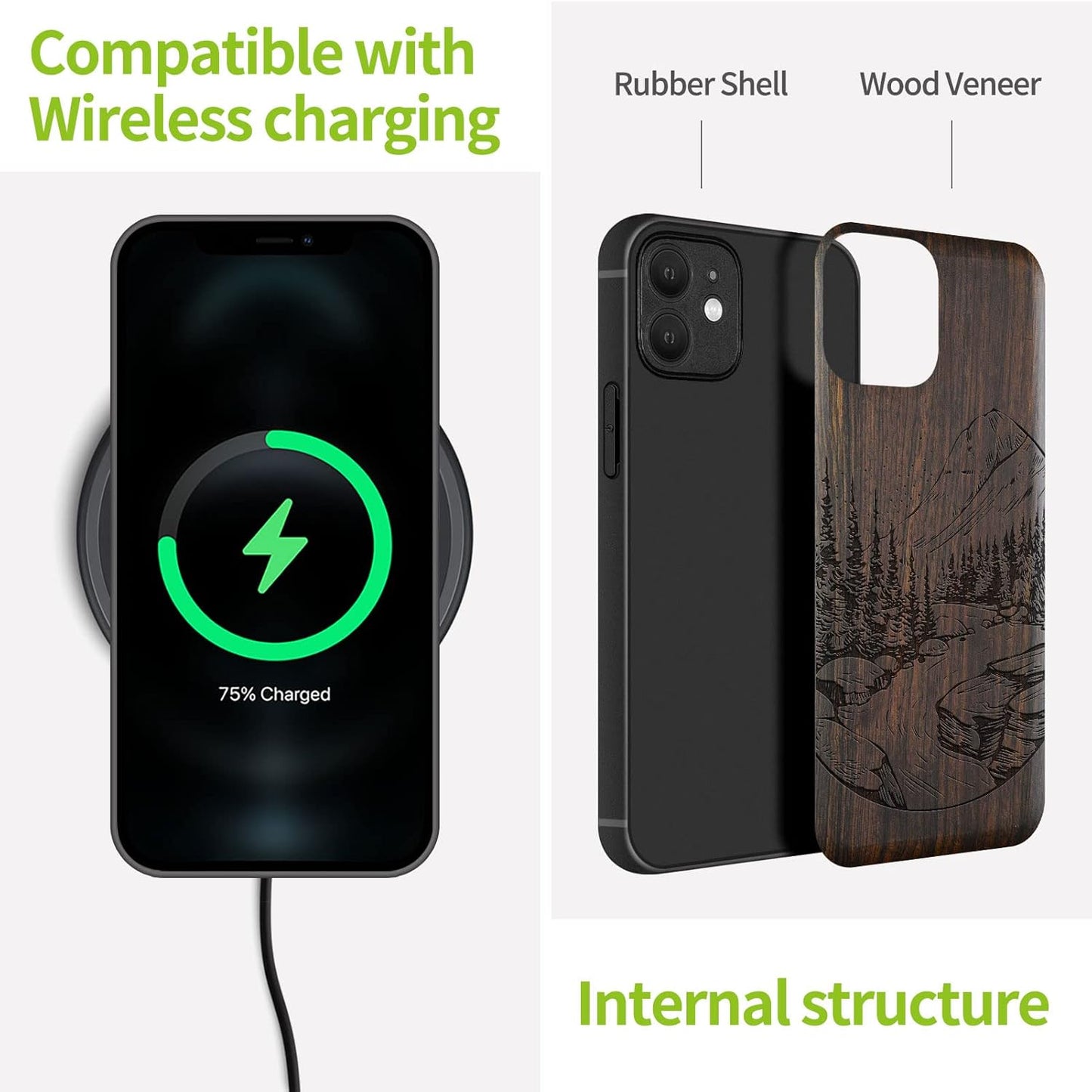 Carveit 12 Magnetic Wood Case for iPhone Case [Natural Wood & Black Soft TPU] Shockproof Protective Unique Wooden Cover