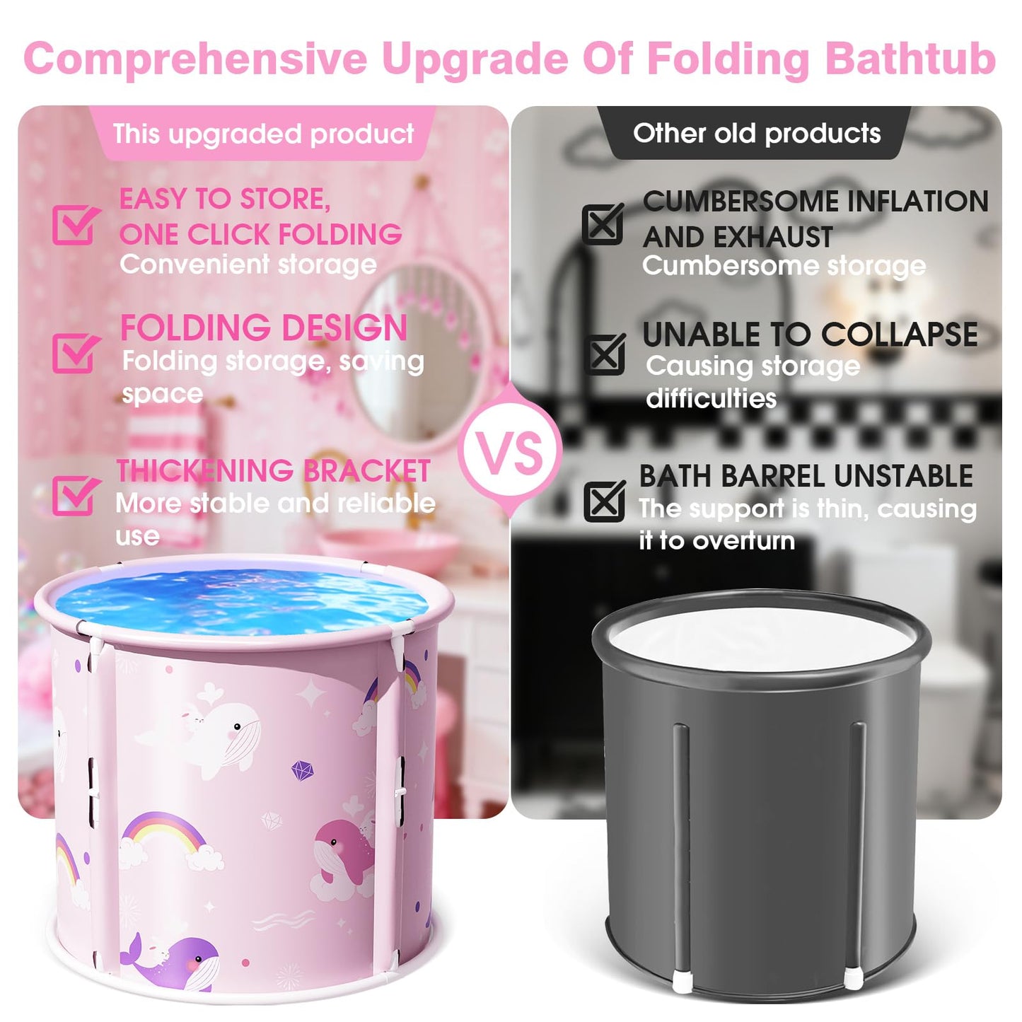 Portable Bathtub, Foldable Bathtub for Kids, Boys and Girls, Therapy Tub for Shower Stall Bathroom Fold Up Japanese Soaking Hot SPA Bath Tub, Outside Ice Bath 21.65''x23.62''(Ocean World Pink)
