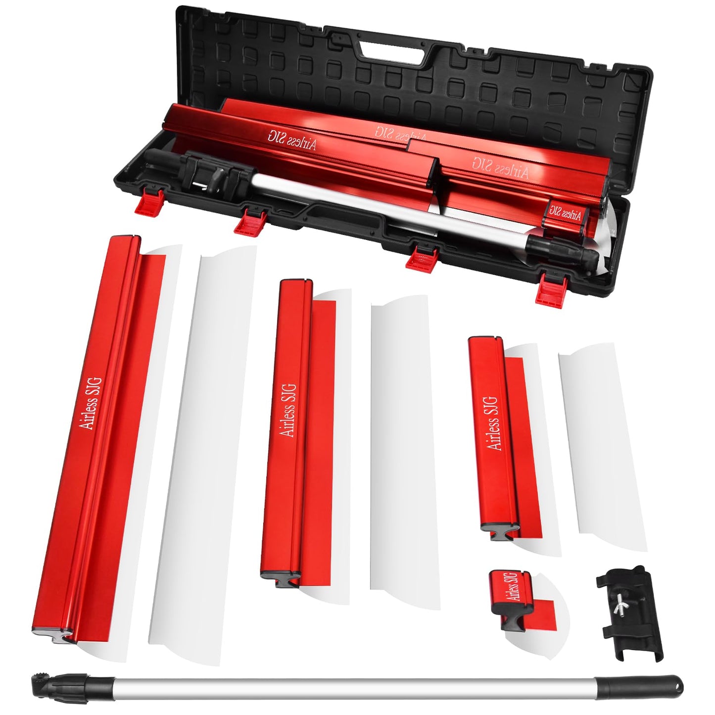 Aluminum-Handle Drywall Skimming Blade Set – 6.5",16", 24", 32" Stainless Steel Blades with 3pc Extra Replaceable Blades,34"-62" Extension Pole,Drywall Finishing Tools with Portable Case